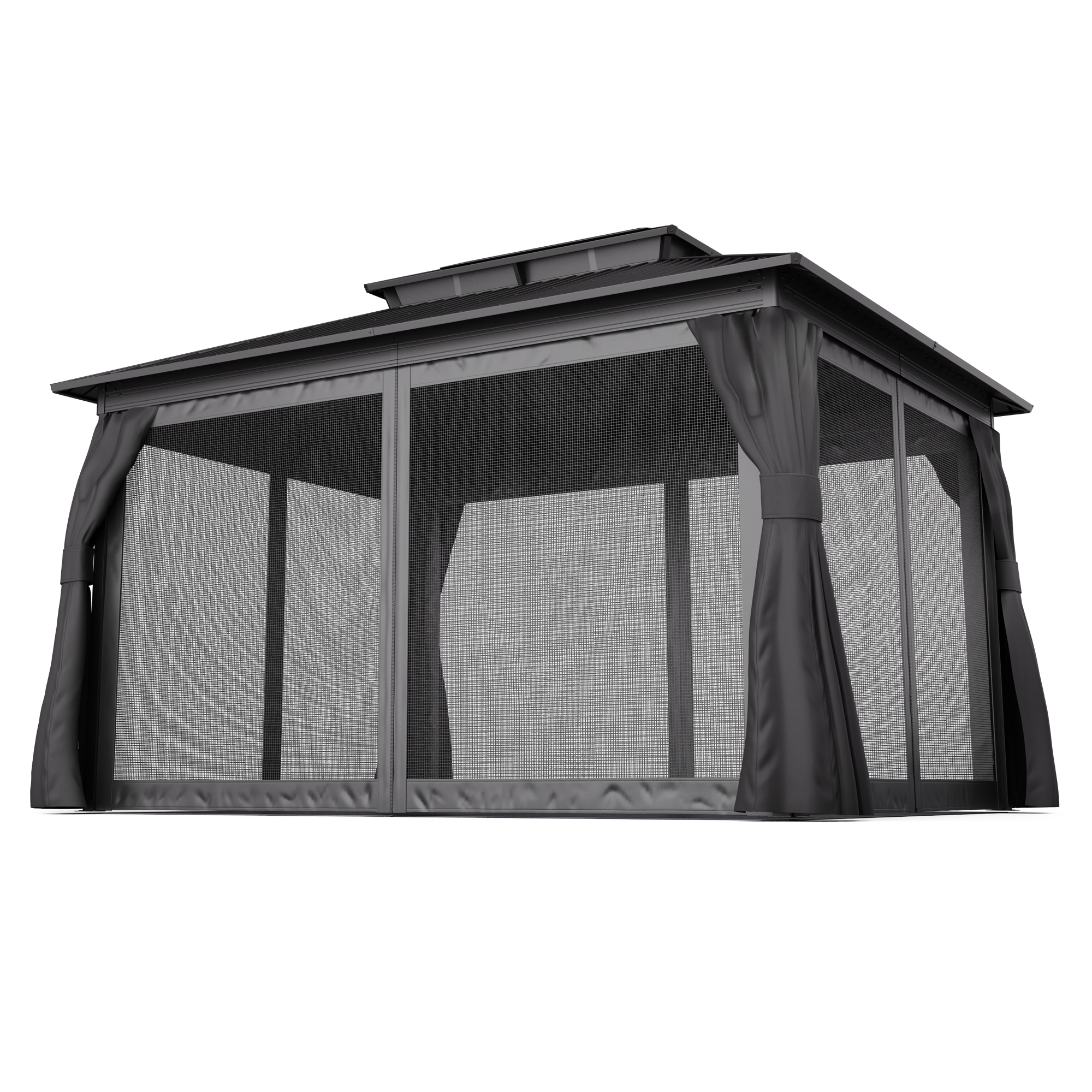 Un gazebo con pareti a rete e tende nere. Fornisce ombra e protezione dagli elementi.