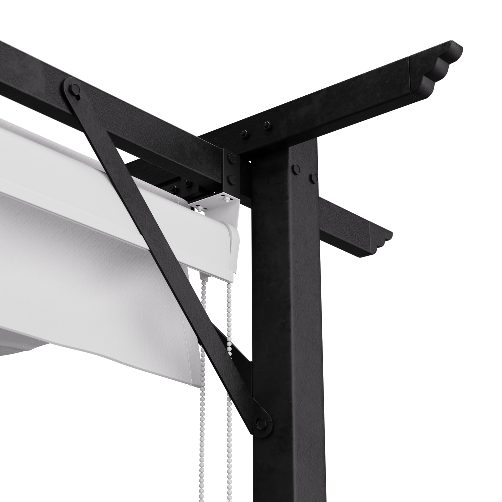 Primo piano di una struttura di pergola. Struttura in metallo nero con tessuto bianco e un sistema di pulegge.
