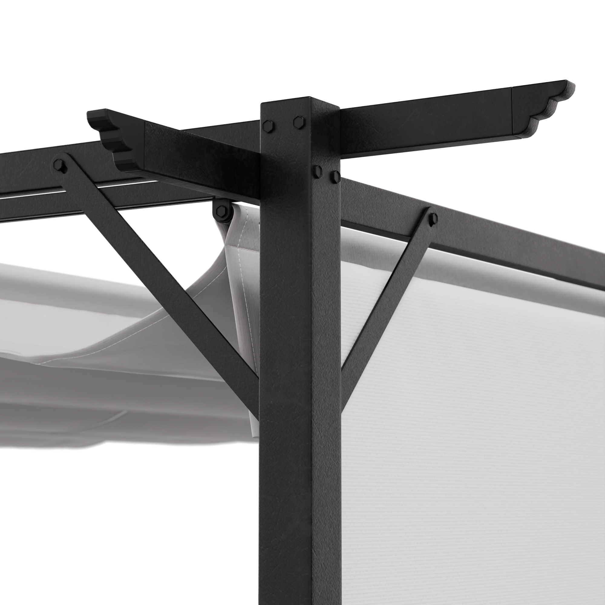 Primo piano di un telaio per pergola in metallo nero con una tettoia bianca, con i dettagli angolari della struttura.