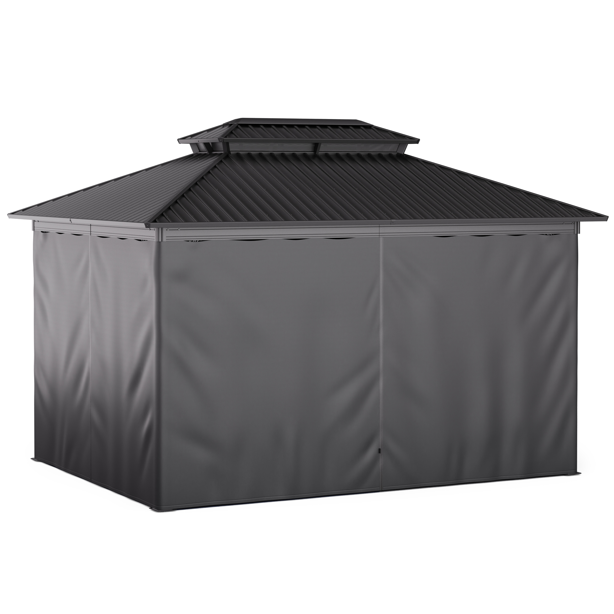 Un gazebo grigio con tetto a punta. Le pareti sono in tessuto grigio. È su sfondo bianco.