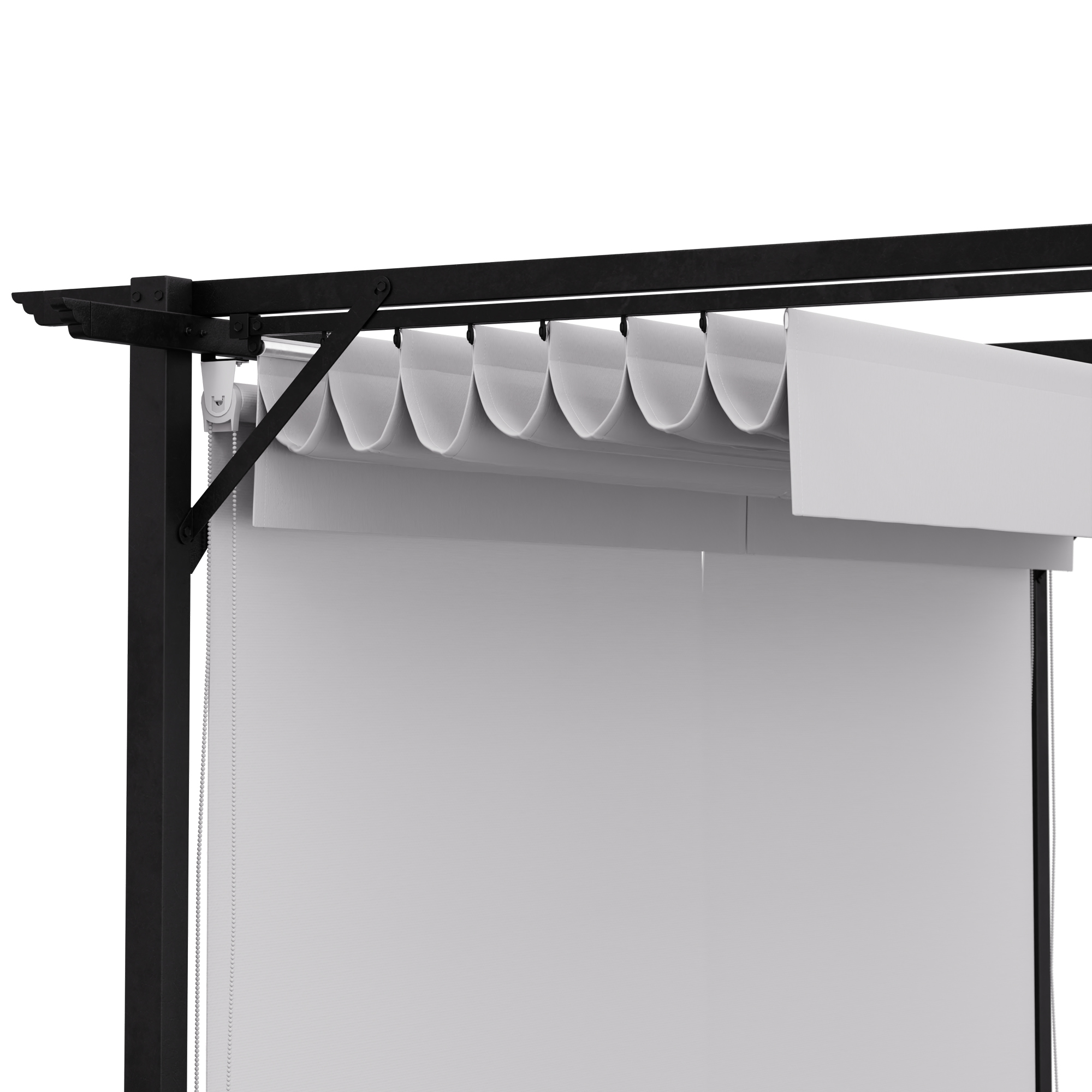 Primo piano di una tenda da sole retrattile bianca e di una struttura a telaio in metallo nero su sfondo bianco.