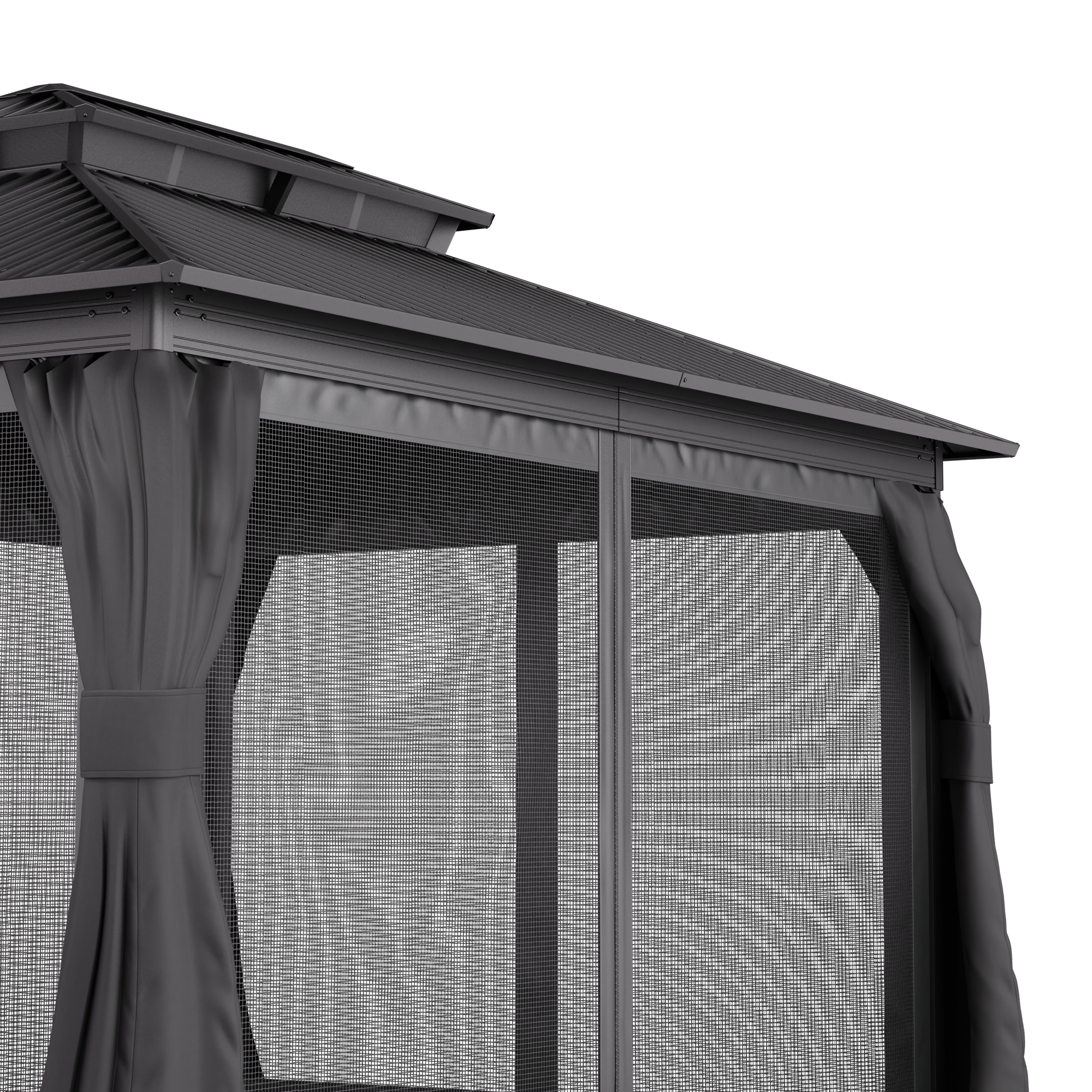 Primo piano della parte superiore di un gazebo, con tetto e tende grigio scuro, che mostra finestre a rete.