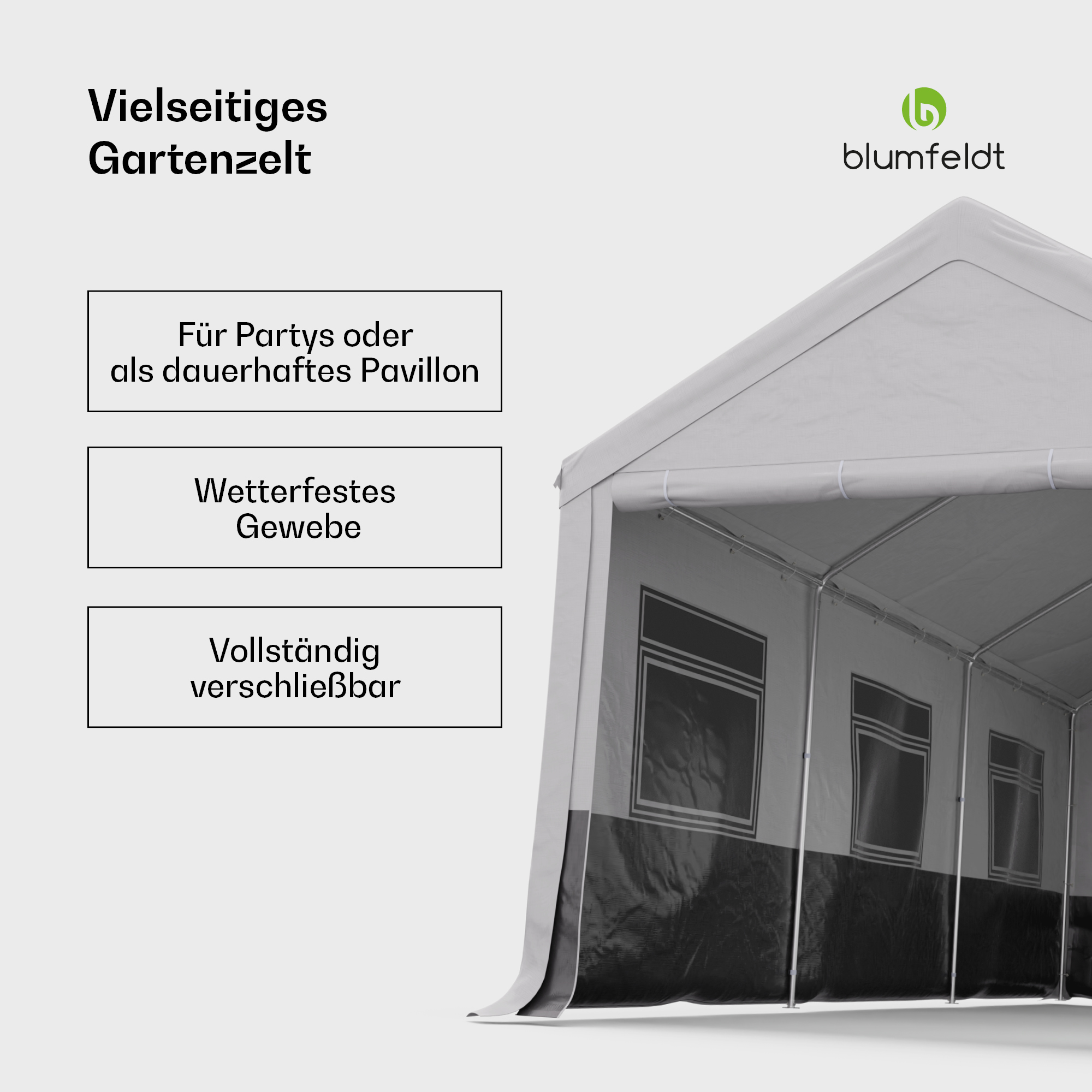 Ein weißes und graues Zelt mit Text, der seine Eigenschaften hervorhebt: Party Nutzung, wetterfestes Gewebe und vollständiger Verschluss.