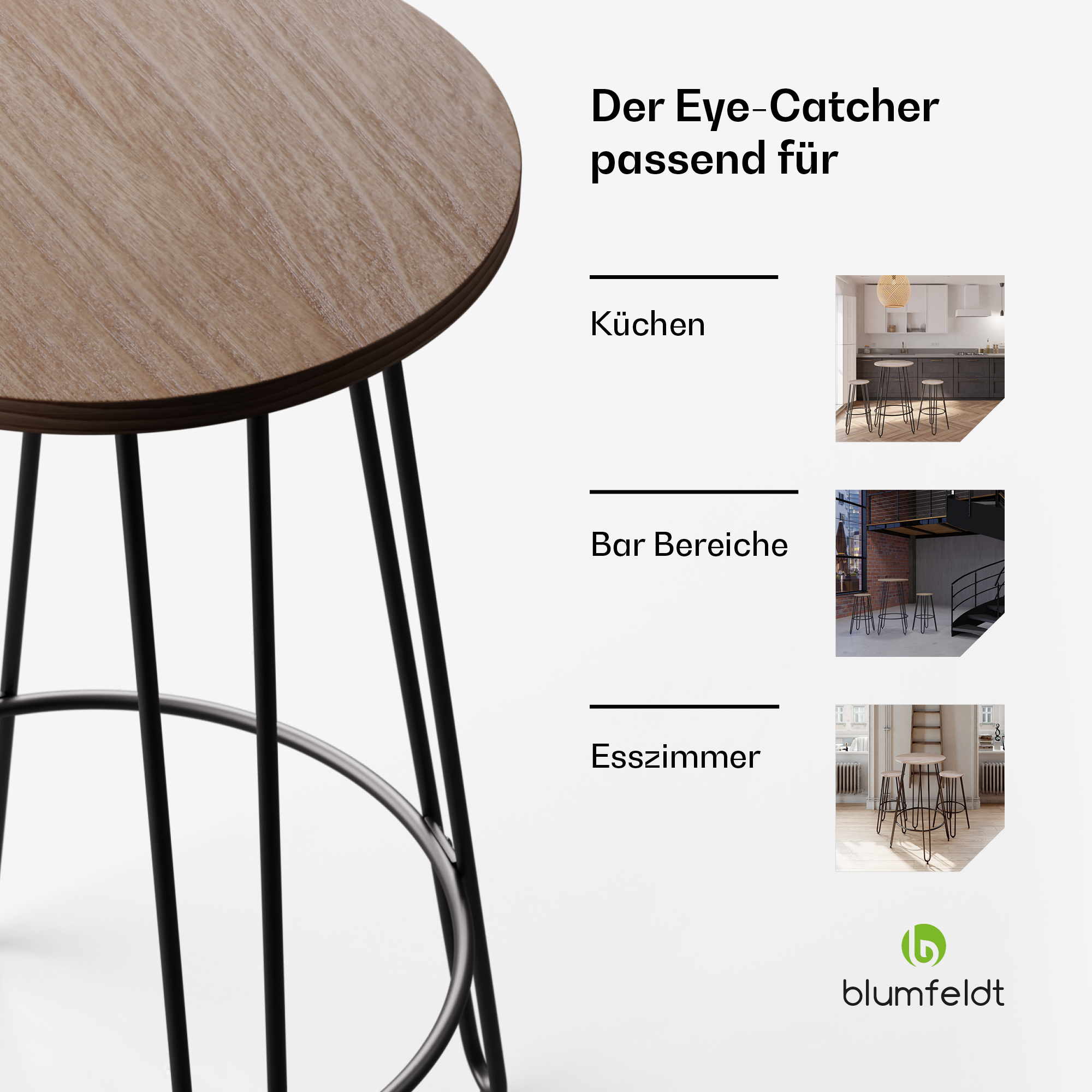 Nahaufnahme eines Barhockers mit Holz Sitz und schwarzen Beinen vor weißem Hintergrund.