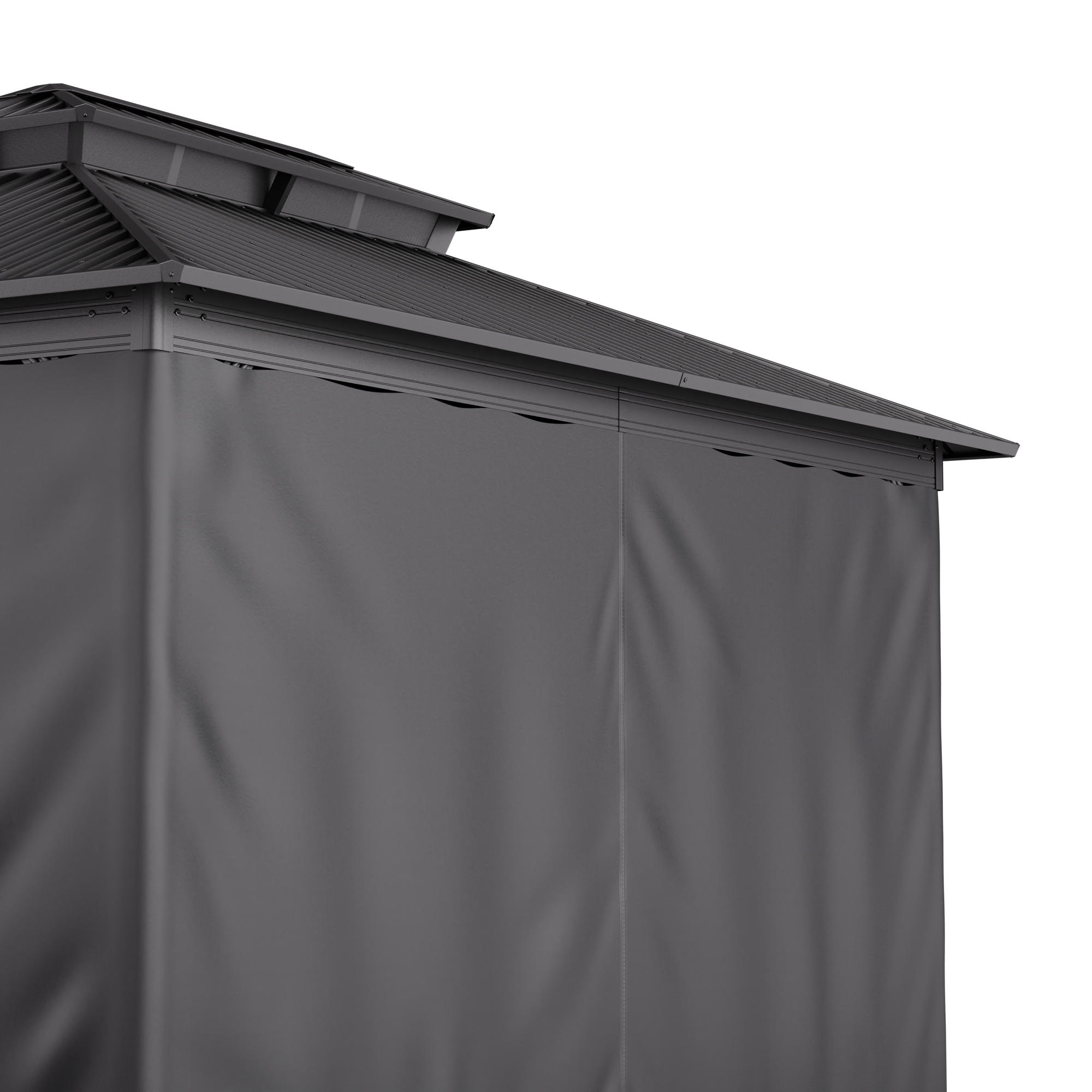 Primo piano del lato di un gazebo, con tende scure e un tetto grigio, che mostra i dettagli del bordo.