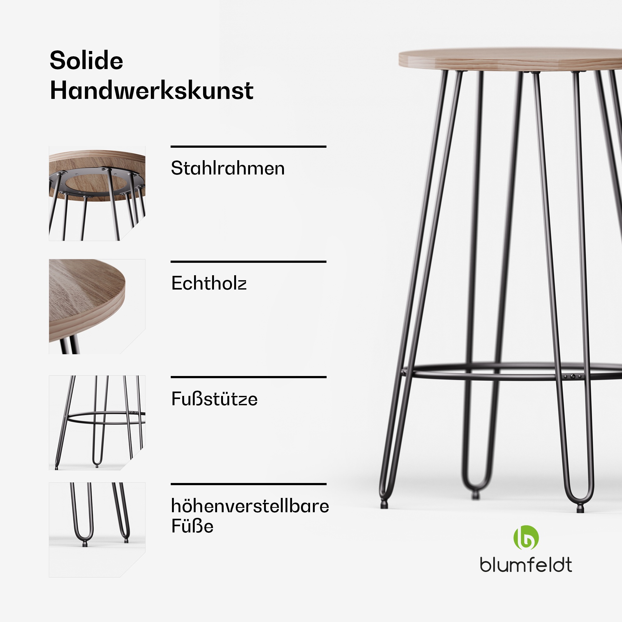 Nahaufnahme eines Barhockers mit schwarzen Beinen und einem Holz Sitz, wobei die Designelemente hervorgehoben werden.
