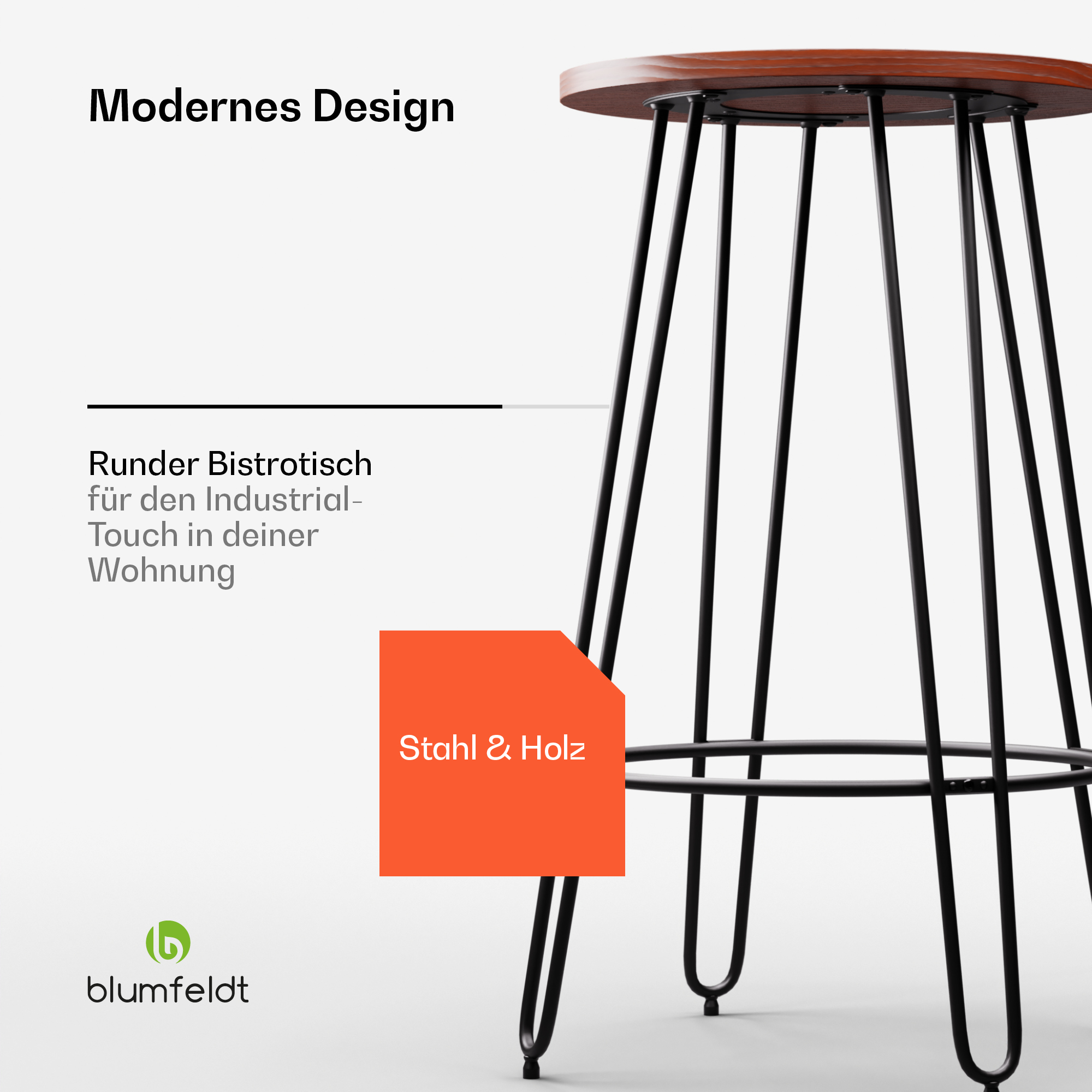 Ein Barhocker mit Holzplatte und schwarzen Metallbeinen. Details von Sitz und Beinen sind zu sehen.