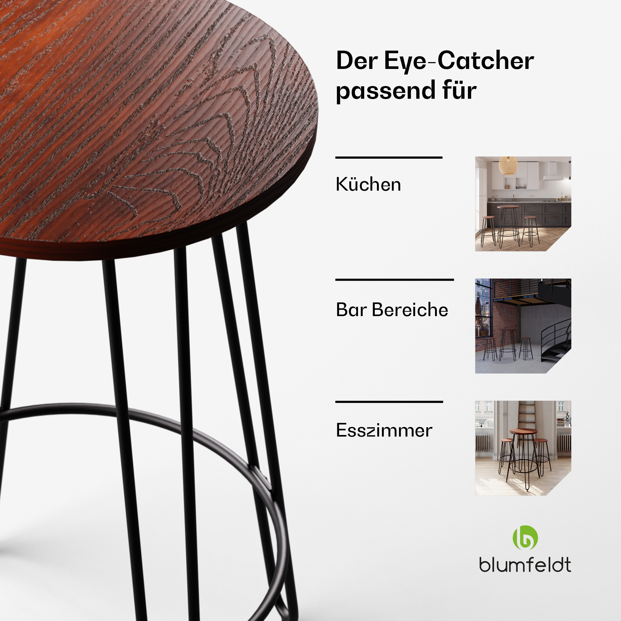 Ein Barhocker mit Holzplatte und schwarzen Metallbeinen. Eine Nahaufnahme zeigt die Holzmaserung.