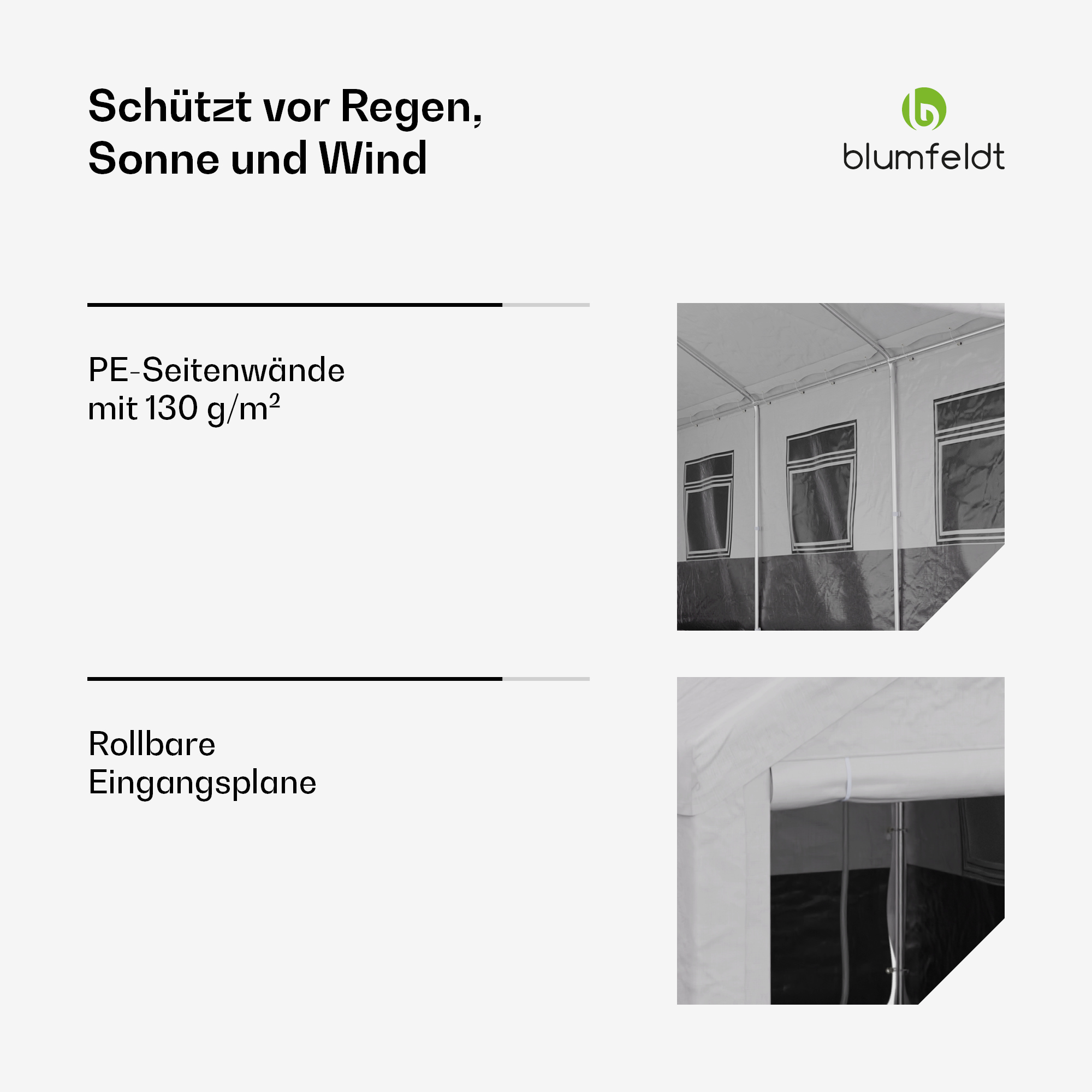 Ein weißes Zelt mit Fenstern und dunklem Sockel. Inset-Bilder zeigen Details und einen rollbaren Eingang.