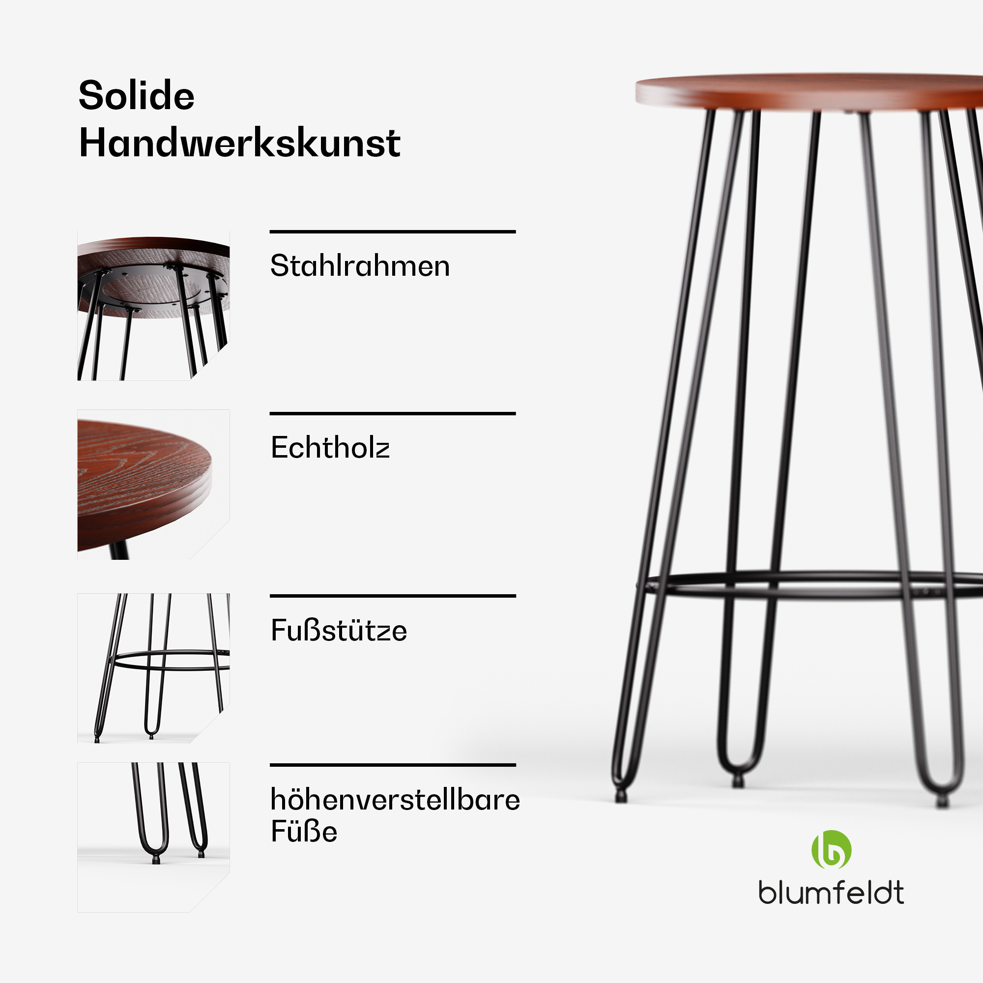 Ein Barhocker mit Holzsitzt und schwarzen Metallbeinen. Details von Rahmen, Sitz und Fußstütze gezeigt.