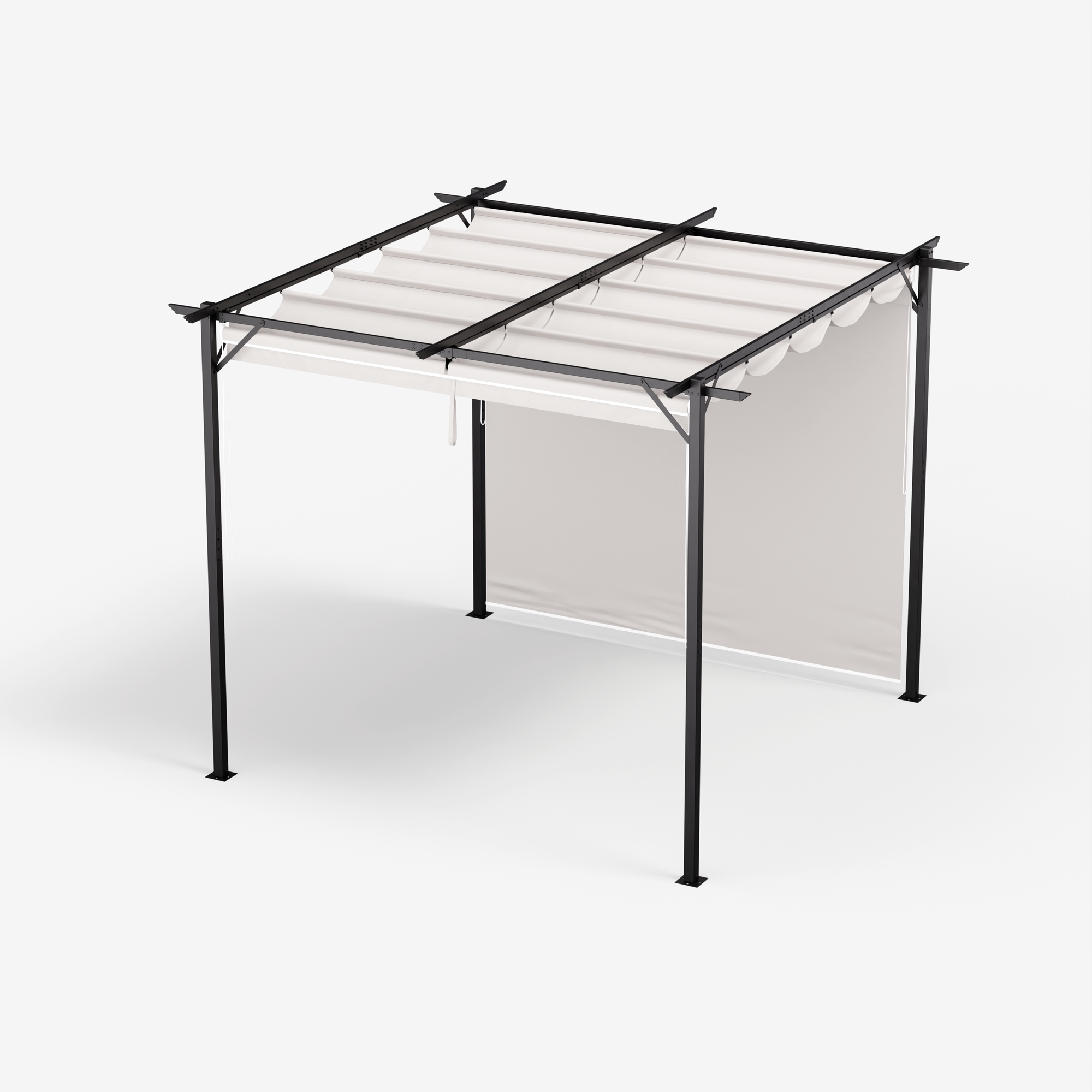 Una pérgola negra con techo de tela blanca y panel lateral, sobre un fondo blanco.
