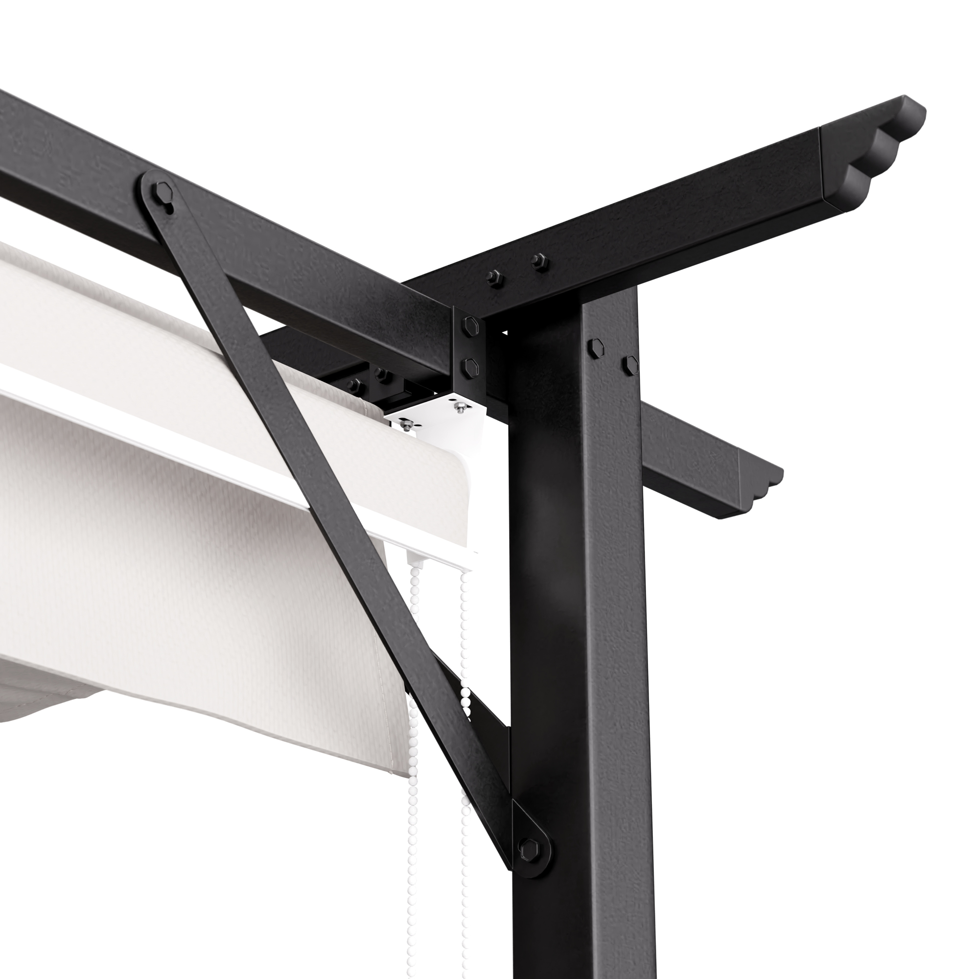 Primer plano de una estructura de marco de metal negro con tela blanca. Cuerdas blancas cuelgan. Fondo blanco.