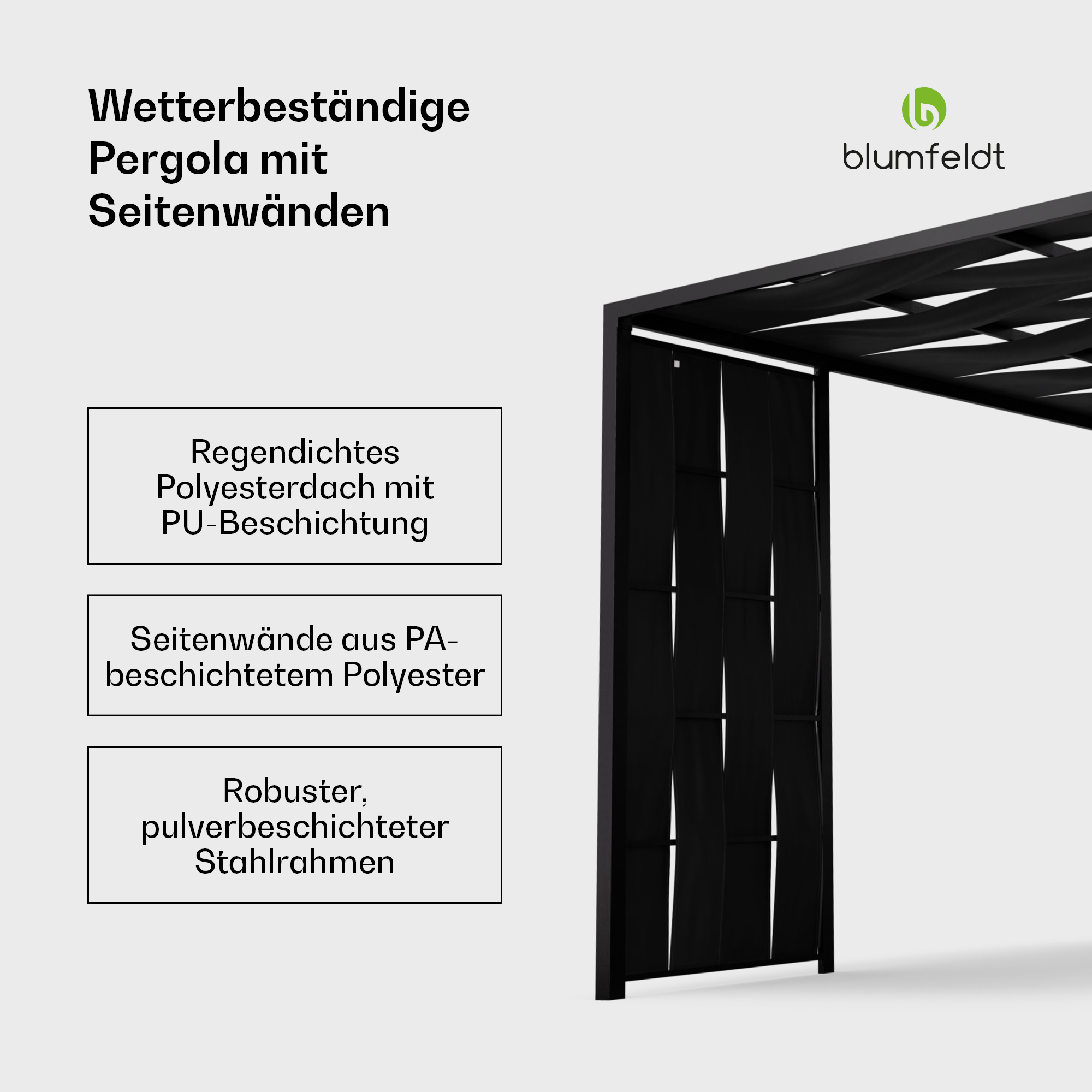 Pergola nera con pareti laterali. I riquadri di testo descrivono caratteristiche come il tetto impermeabile.
