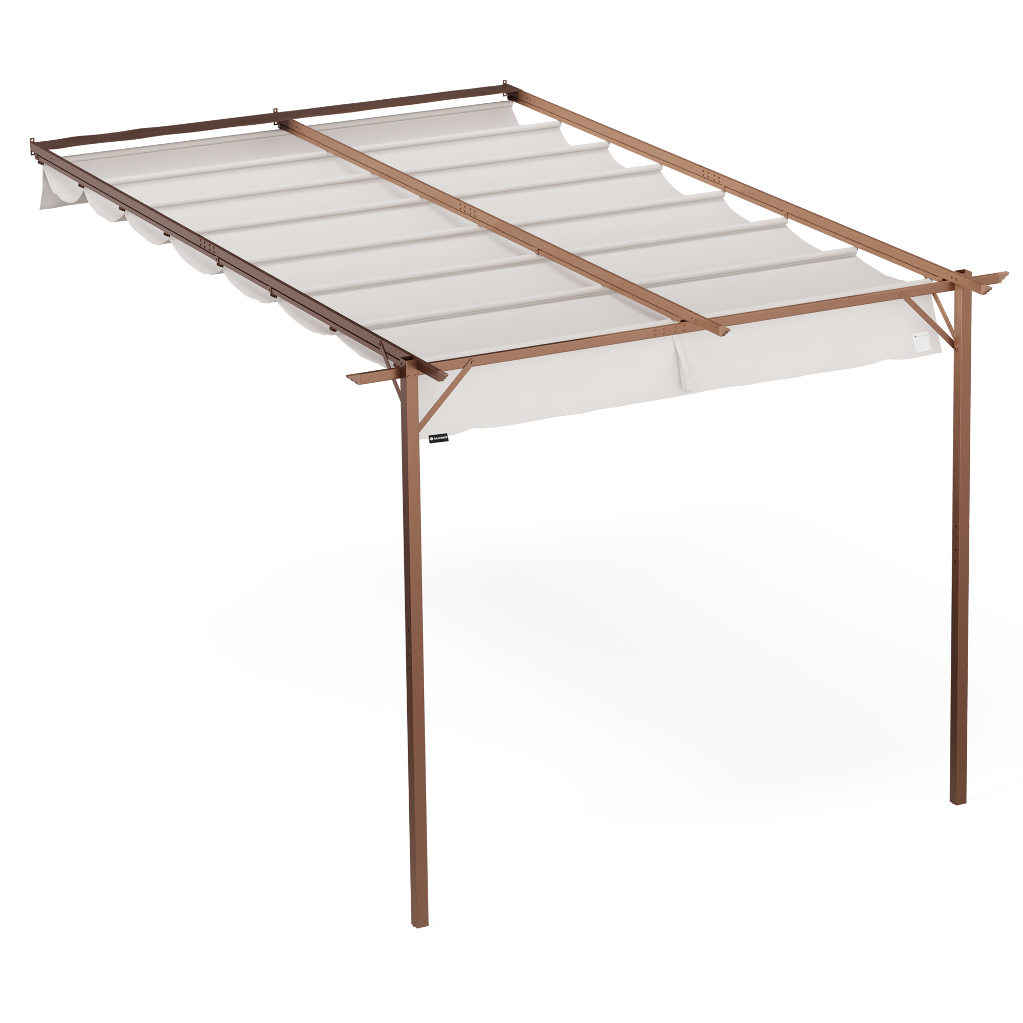 Eine Holzpergola mit weißem, ausziehbarem Sonnensegel. Die Pergola ist braun, Hintergrund ist weiß.
