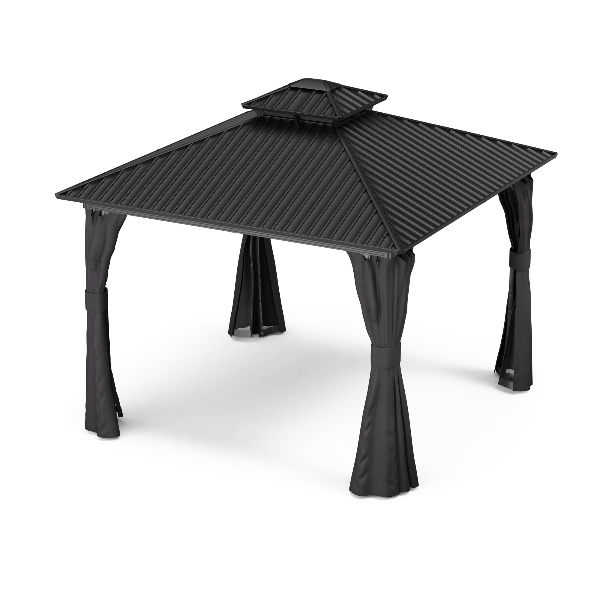 Gazebo nero con tetto nero e tende nere su sfondo bianco. Il gazebo è quadrato.