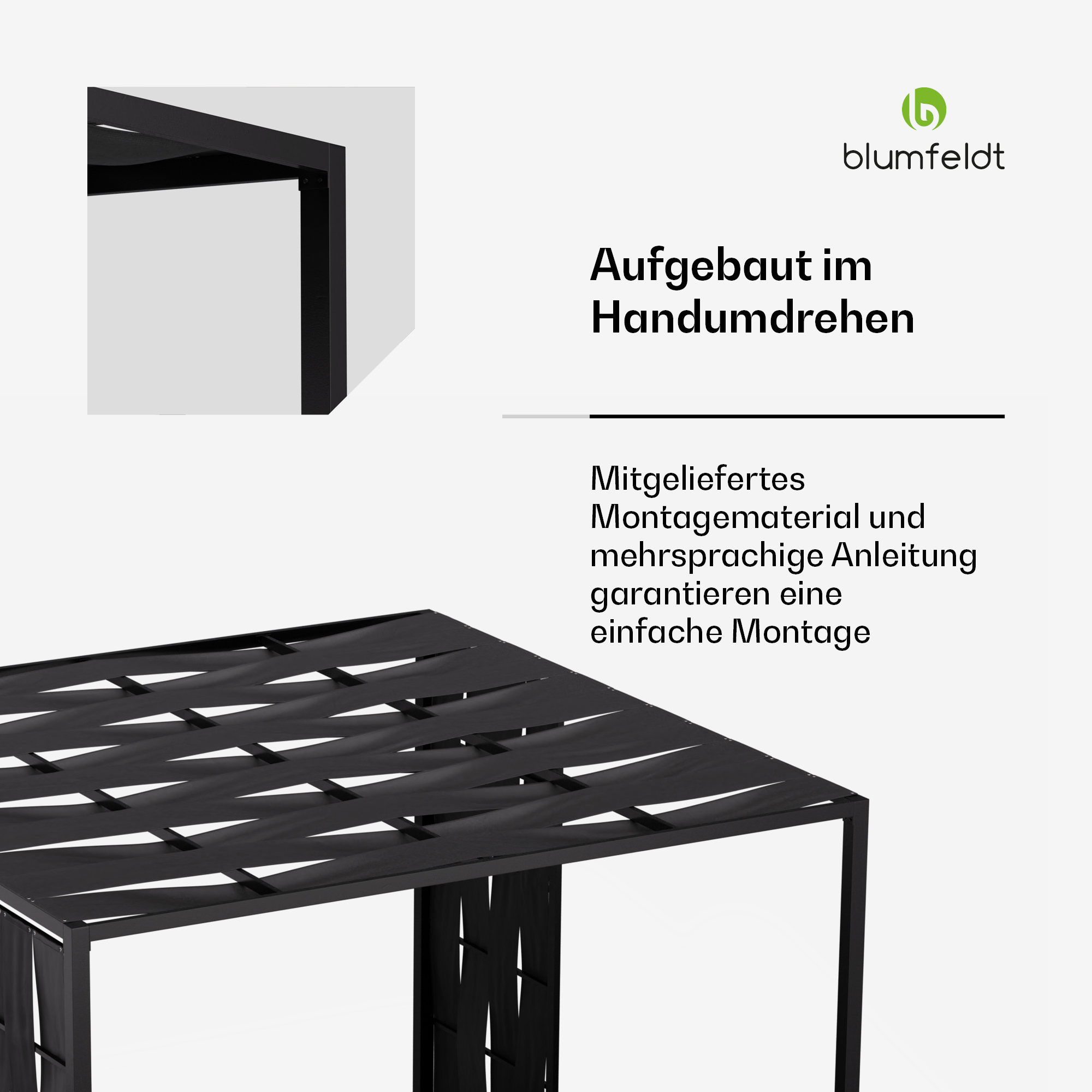 Primo piano di una pergola nera. Il testo menziona un facile montaggio. Viene mostrato un primo piano di un angolo.