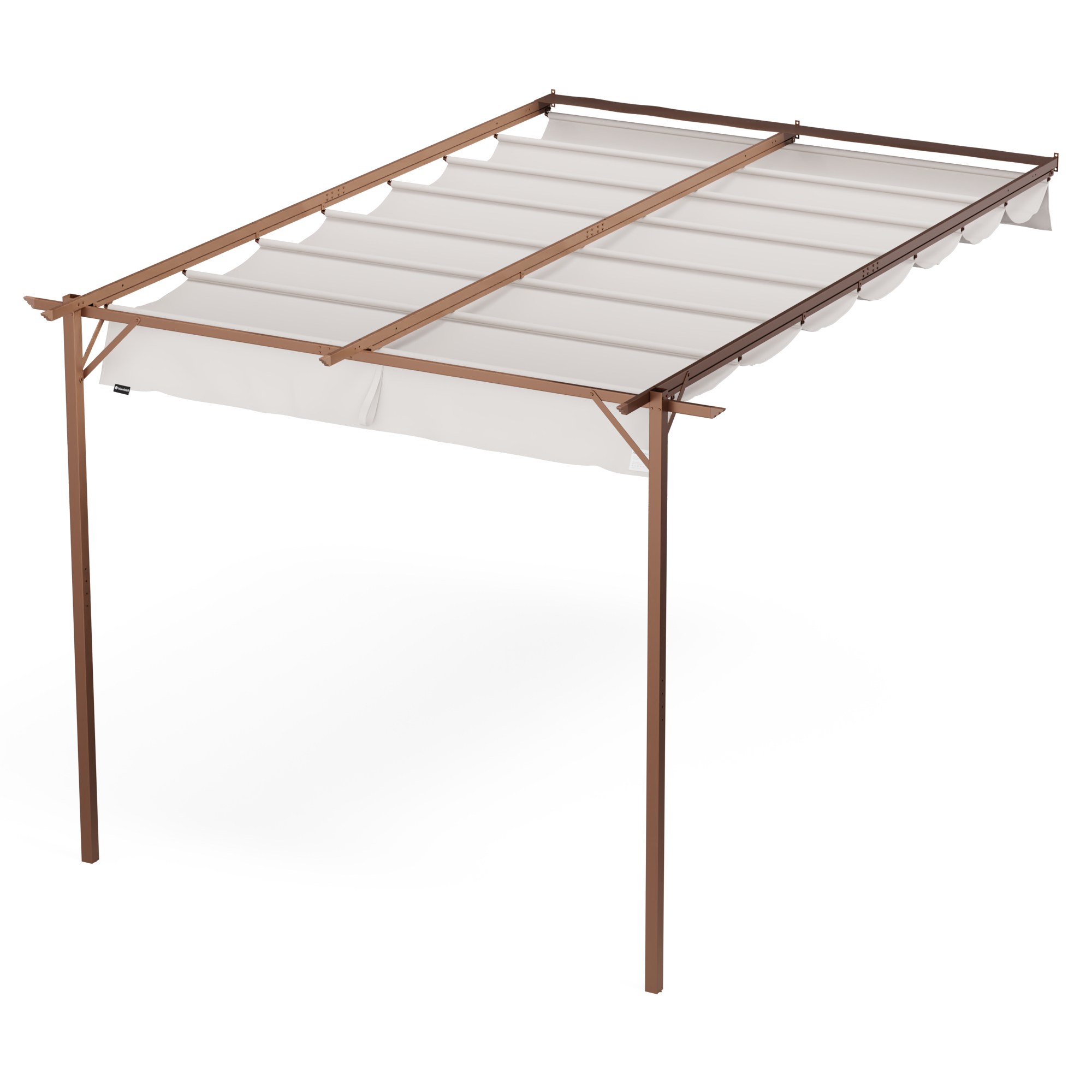 Eine Holzpergola mit einer weißen, ausziehbaren Markise auf weißem Hintergrund. Die Pergola hat vier Beine.