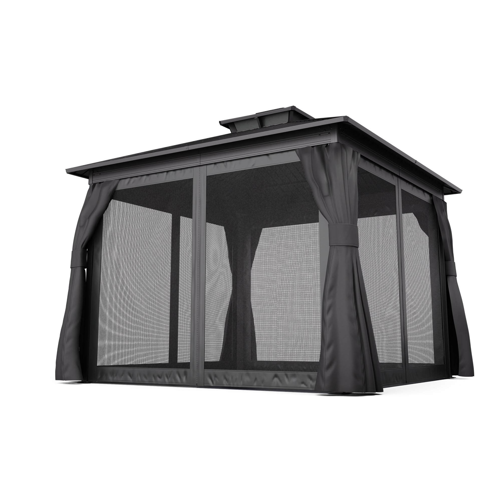 Gazebo nero con lati in rete e tende, su sfondo bianco. Il tetto è scuro.