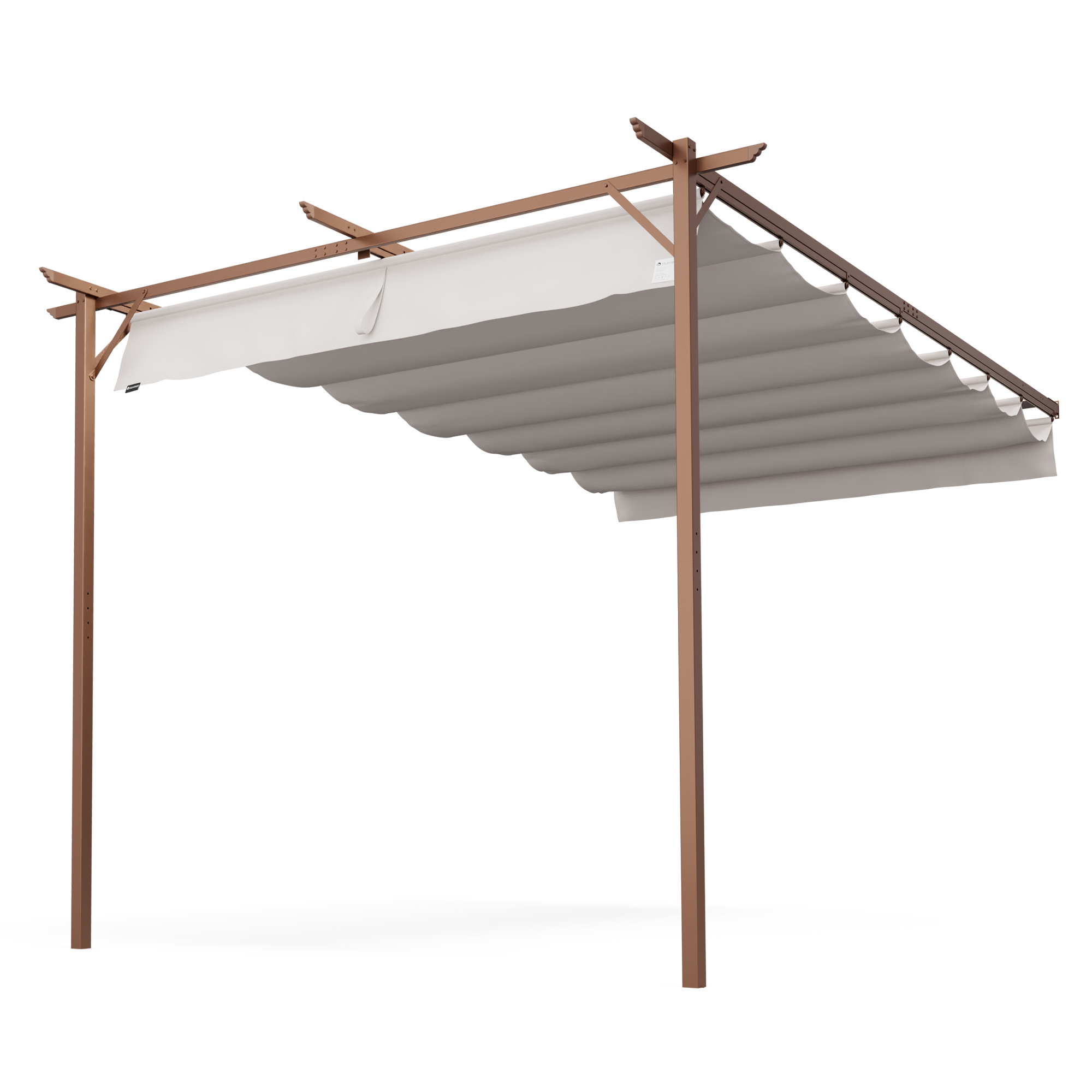 Pergola mit weißem Rahmen und weißem, einziehbaren Sonnensegel. Der Rahmen ist braun.
