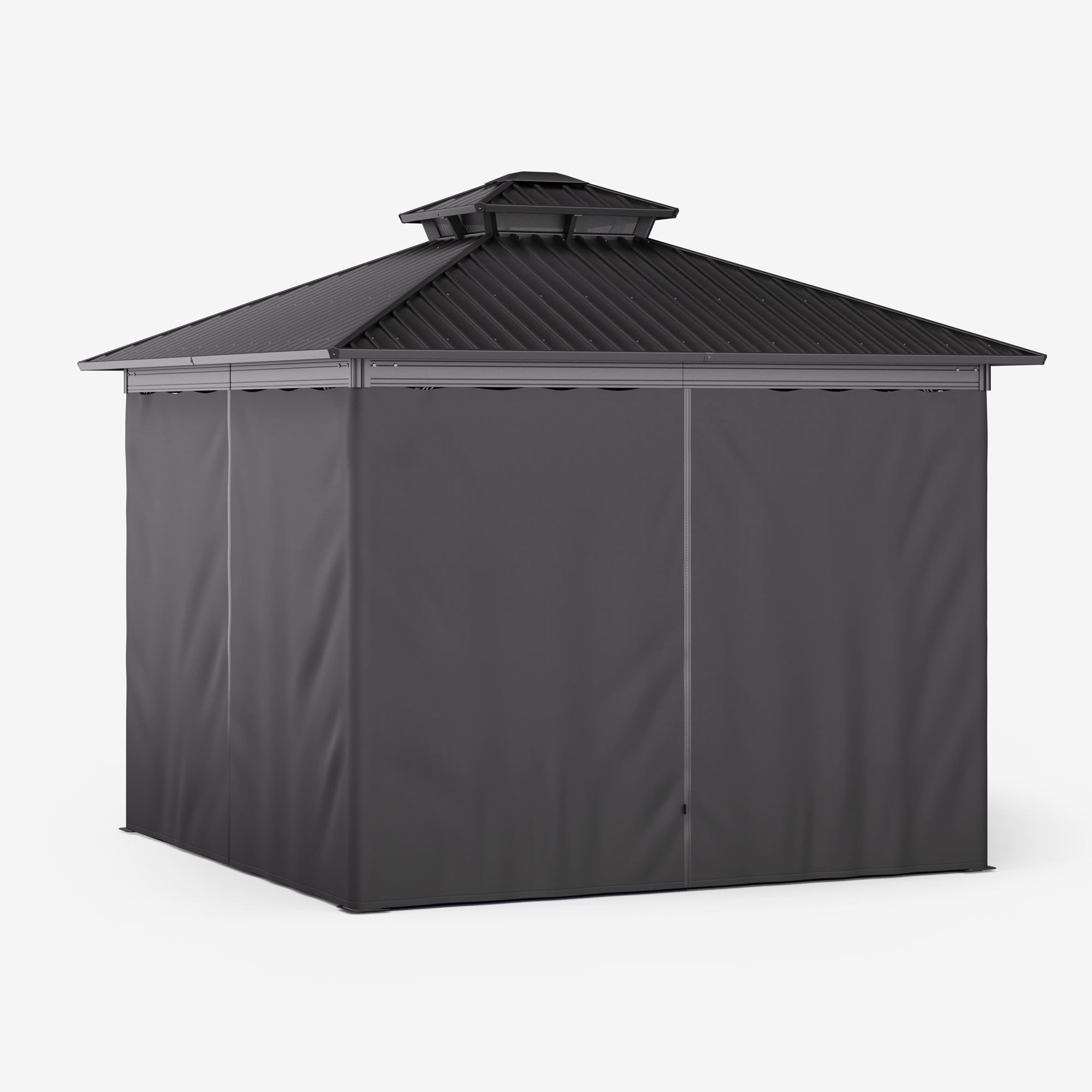 Un gazebo nero con tetto nero e tende nere. Il gazebo è quadrato e ha uno sfondo grigio.
