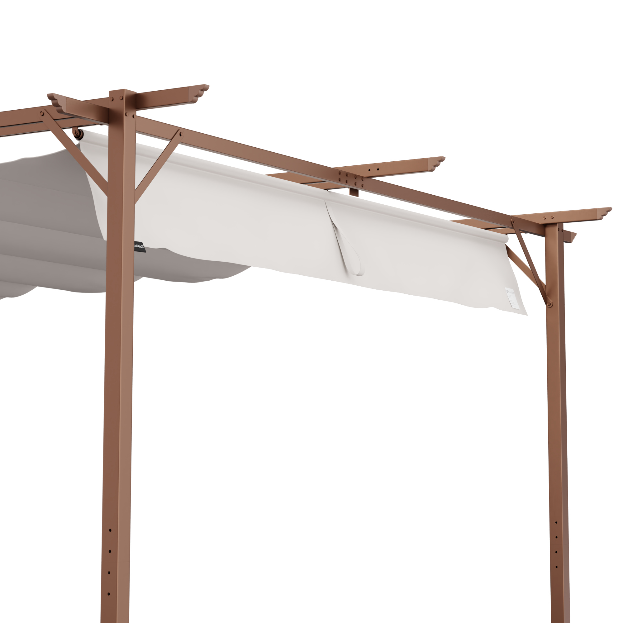 Eine Holzpergola mit einer weißen, ausziehbaren Markise. Die Pergola ist braun, Hintergrund ist weiß.