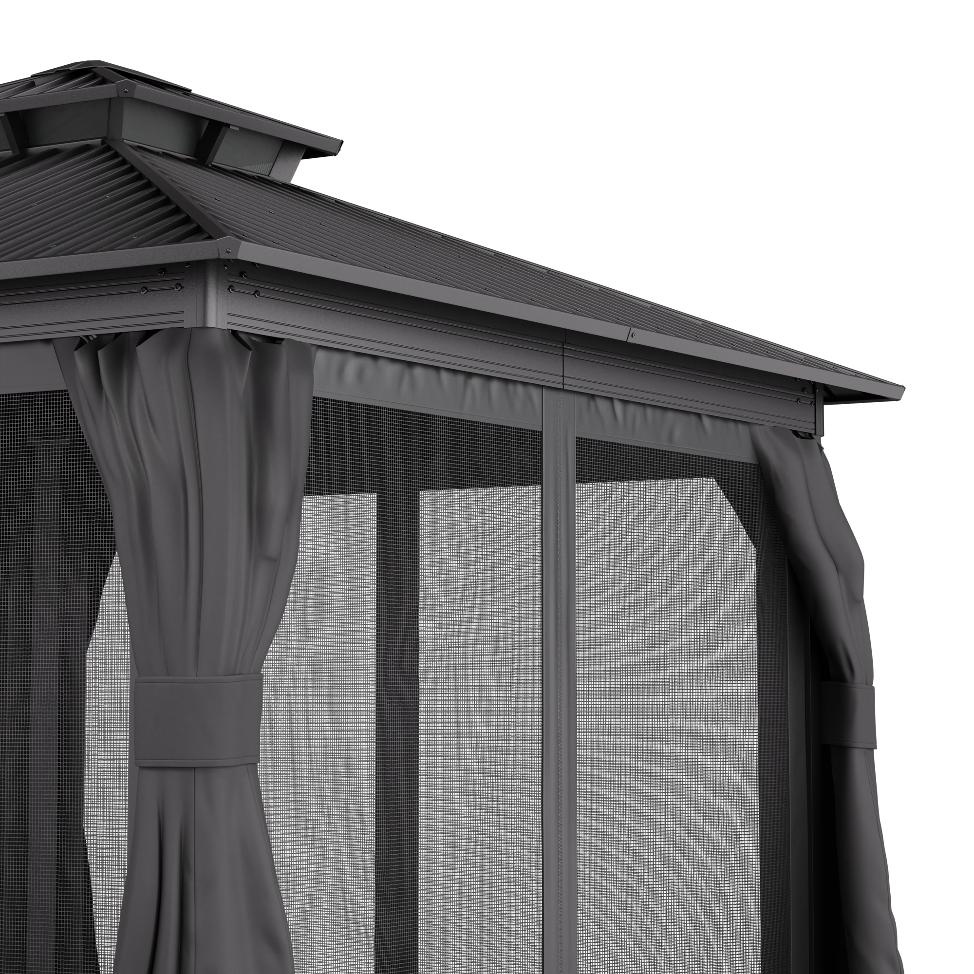Gazebo nero con tetto nero, zanzariera e tende nere. Il gazebo è su sfondo bianco.