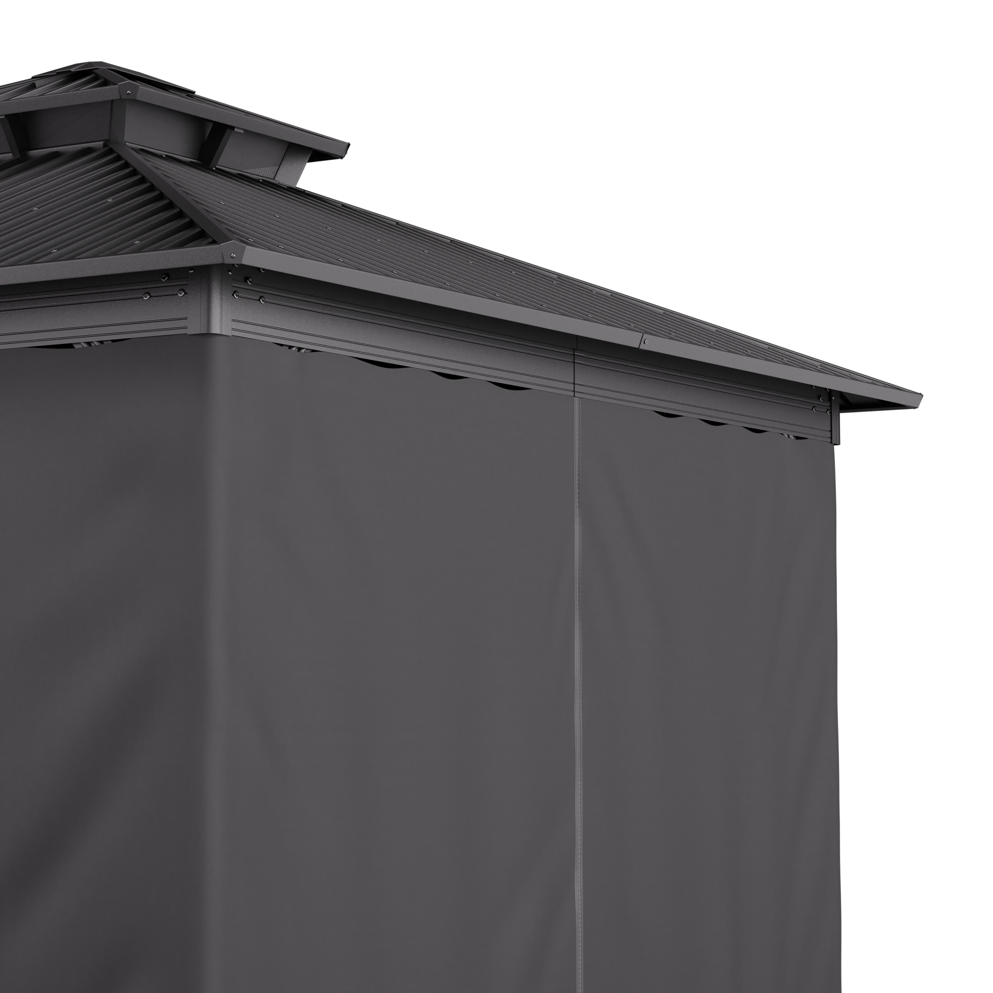 Vista ravvicinata dell'angolo superiore di un gazebo nero con tetto nero.