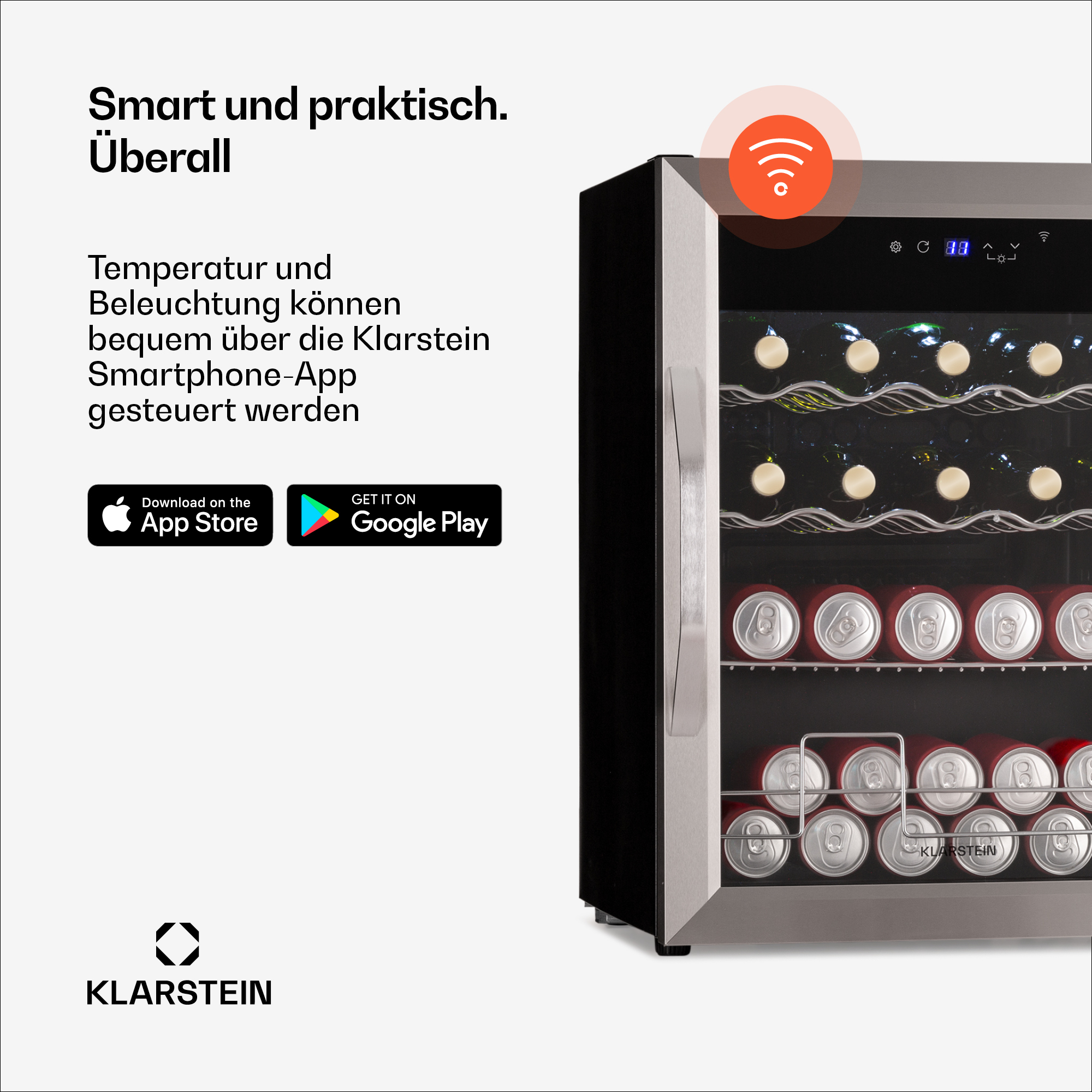Una cantinetta moderna con bottiglie, lattine e un'interfaccia touchscreen. Il testo dice 'Intelligente e pratico'.