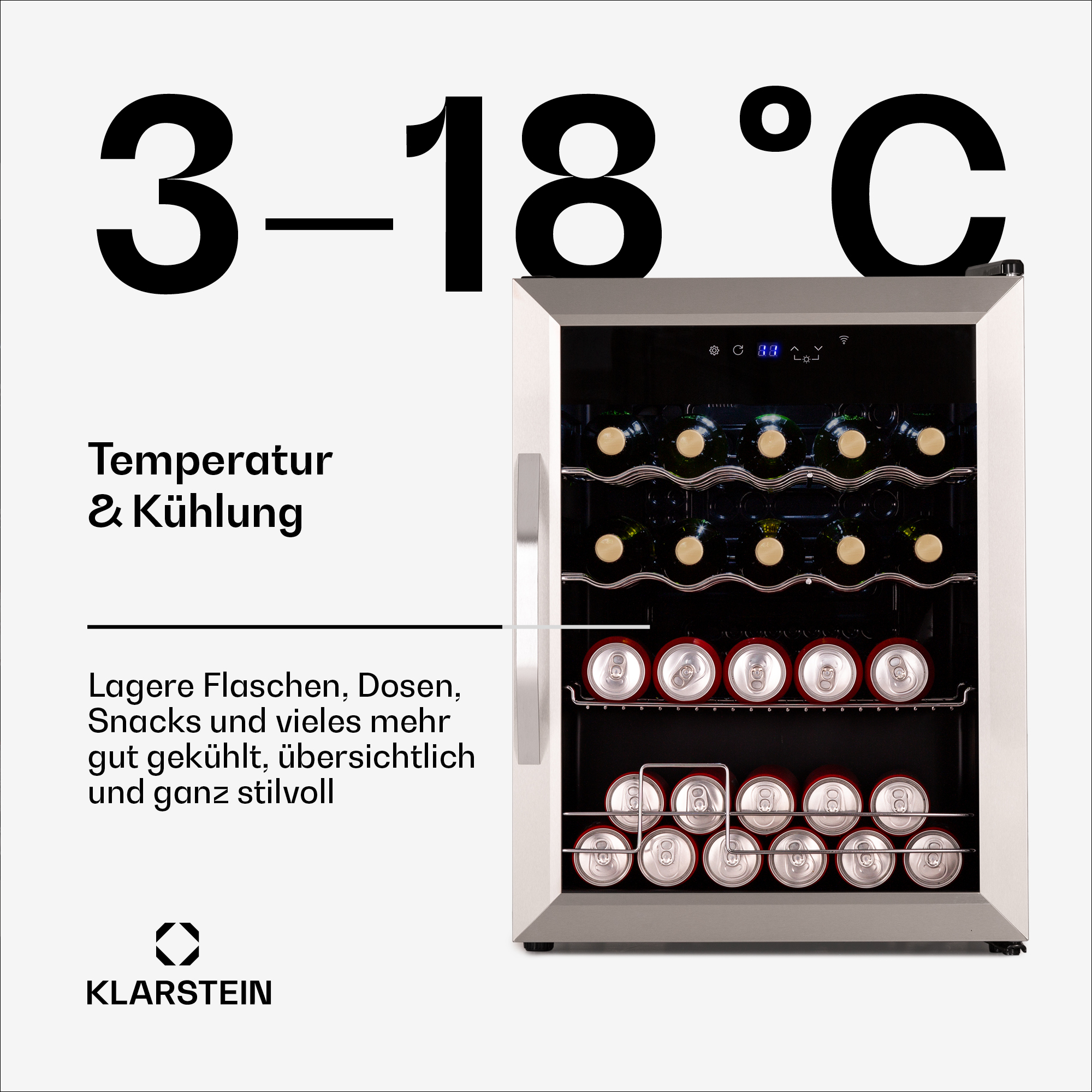 Un frigorifero con bottiglie di vino e lattine. Mostra un intervallo di temperatura di 3-18°C.