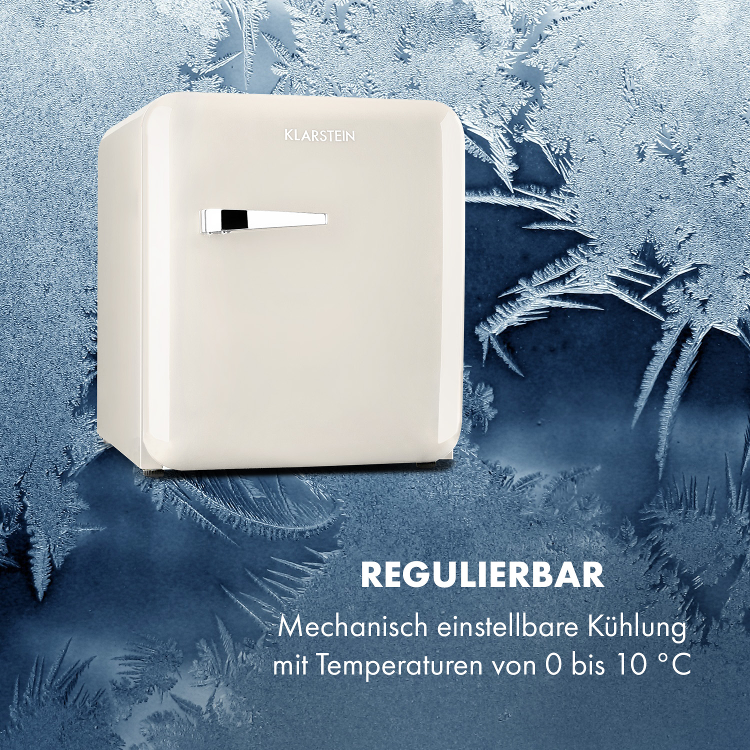 Ein cremefarbener Mini-Kühlschrank auf blauem Frostmuster-Hintergrund. Text: REGULIERBAR.