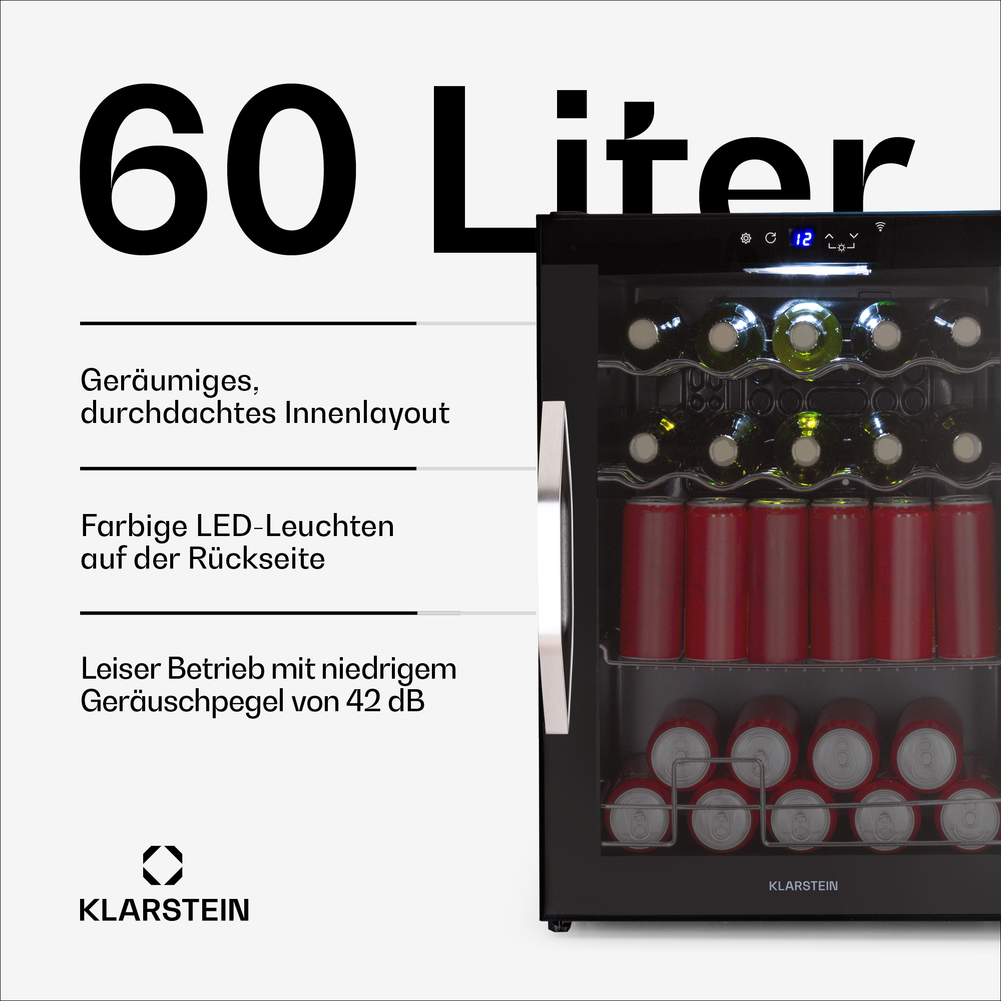 Un frigorifero nero con bevande all'interno. Testo: 60 litri, layout interno spazioso.
