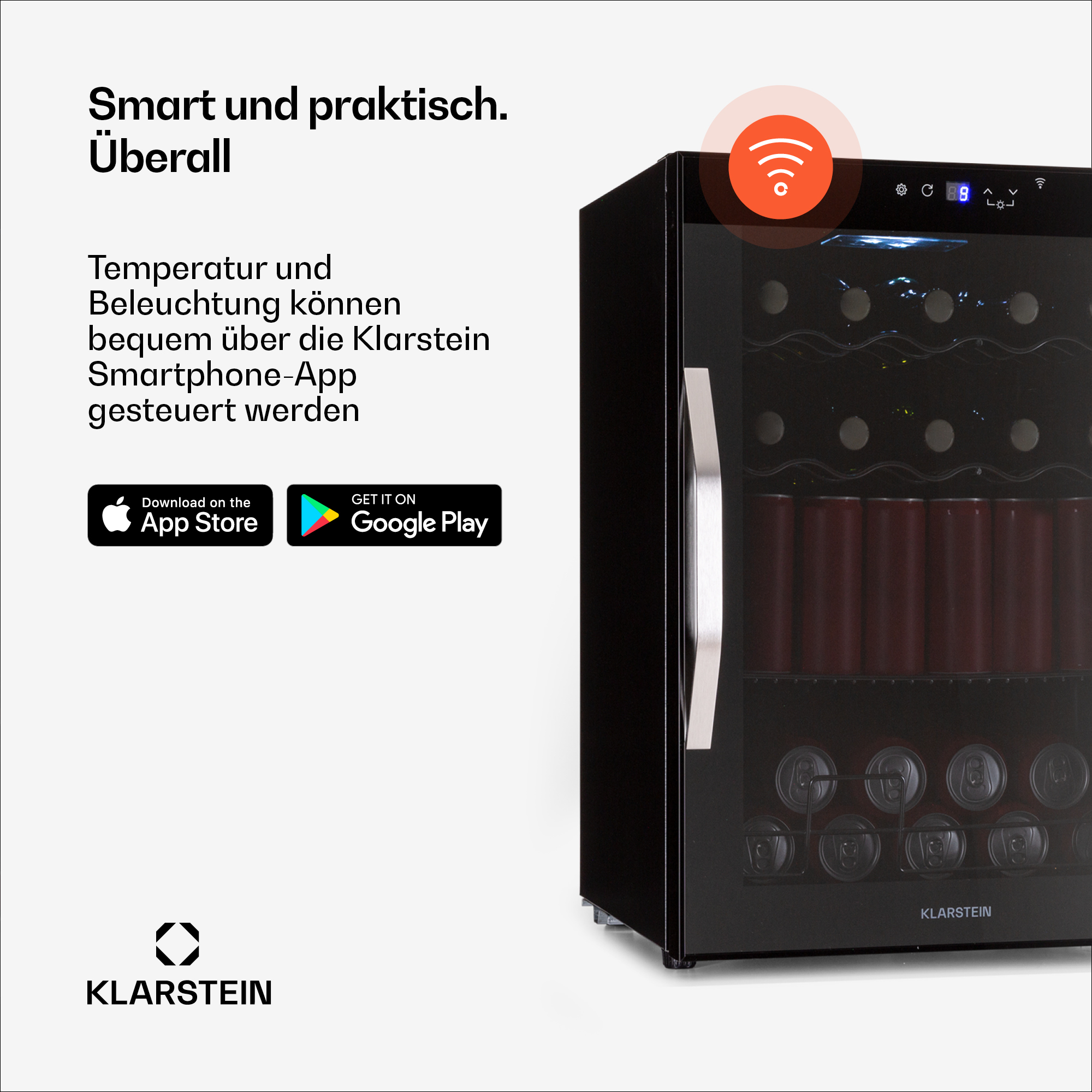 Un refrigeratore per vino nero con simbolo wifi e app da scaricare.
