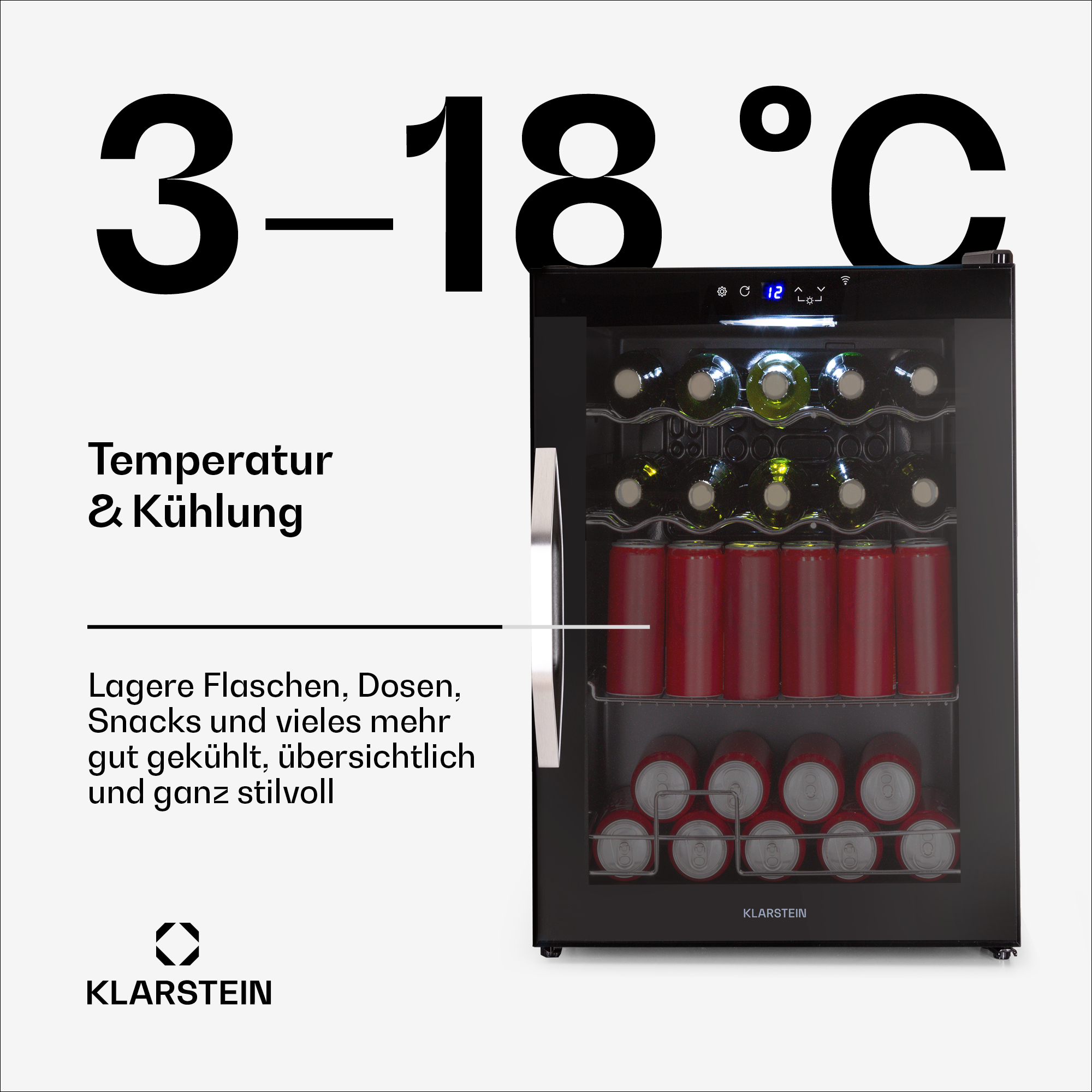 Un refrigeratore per vino nero con lattine e bottiglie, con display della temperatura.