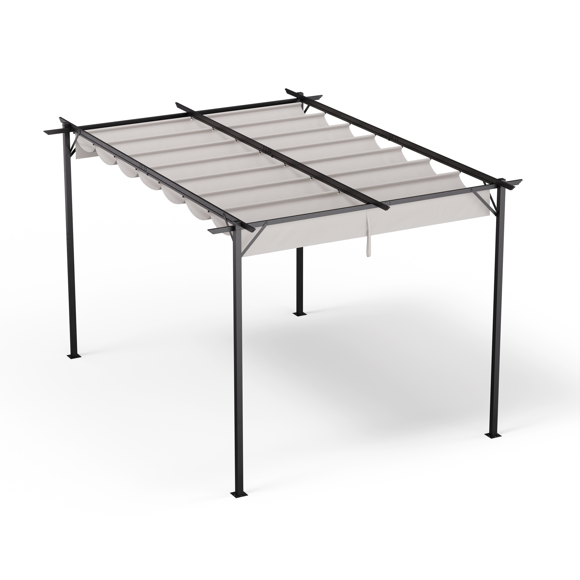 Die Pergola hat einen weißen Rahmen mit einem beigen, einziehbaren Vordach und ist auf weißem Hintergrund.