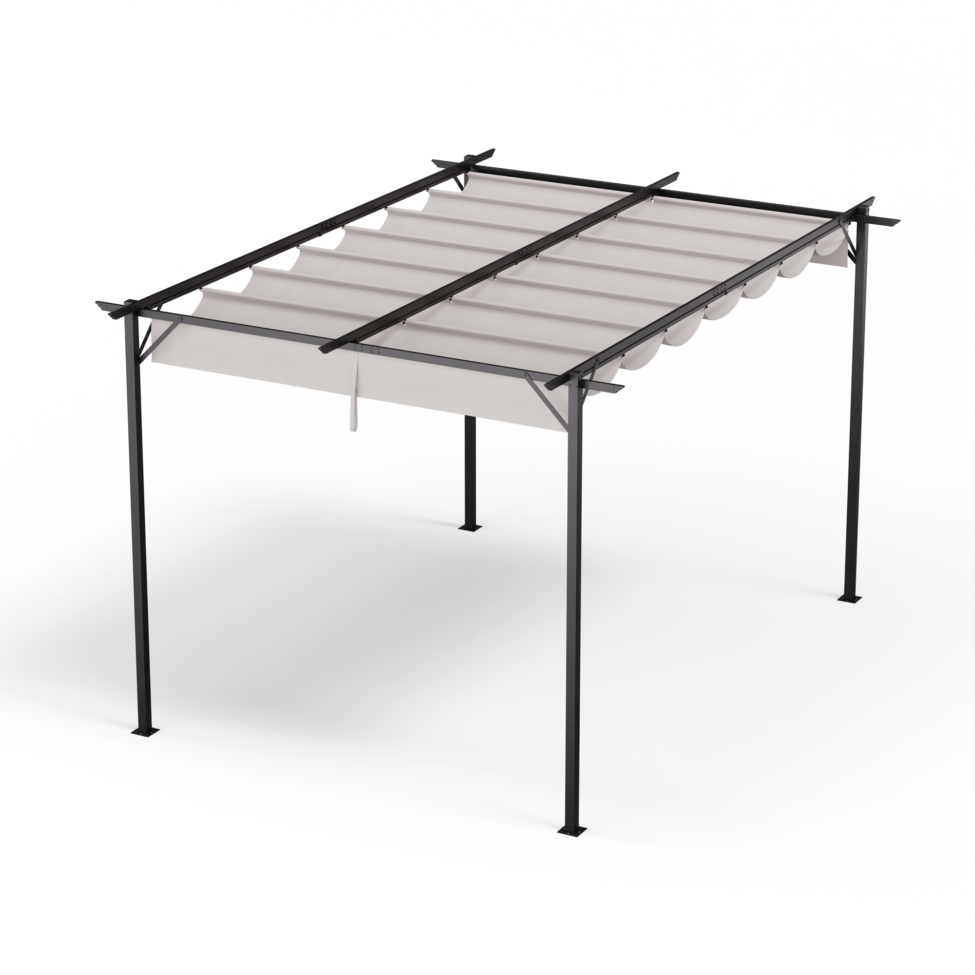 Eine schwarze Metallpergola mit einer einziehbaren weißen Stoffabdeckung ist auf einem weißen Hintergrund positioniert.