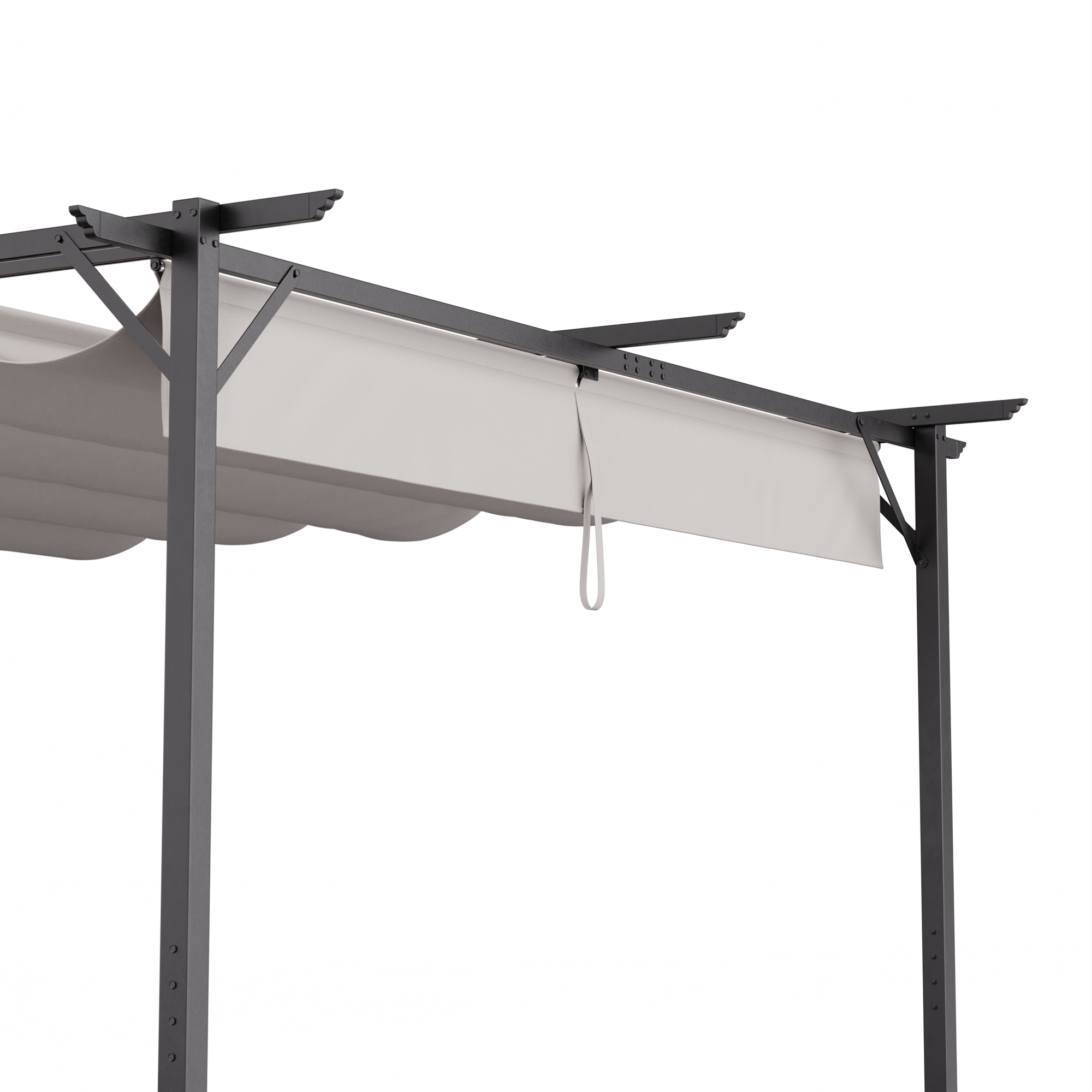 Eine Pergola mit weißem Baldachin, der Rahmen ist dunkelgrau, weißer Hintergrund.