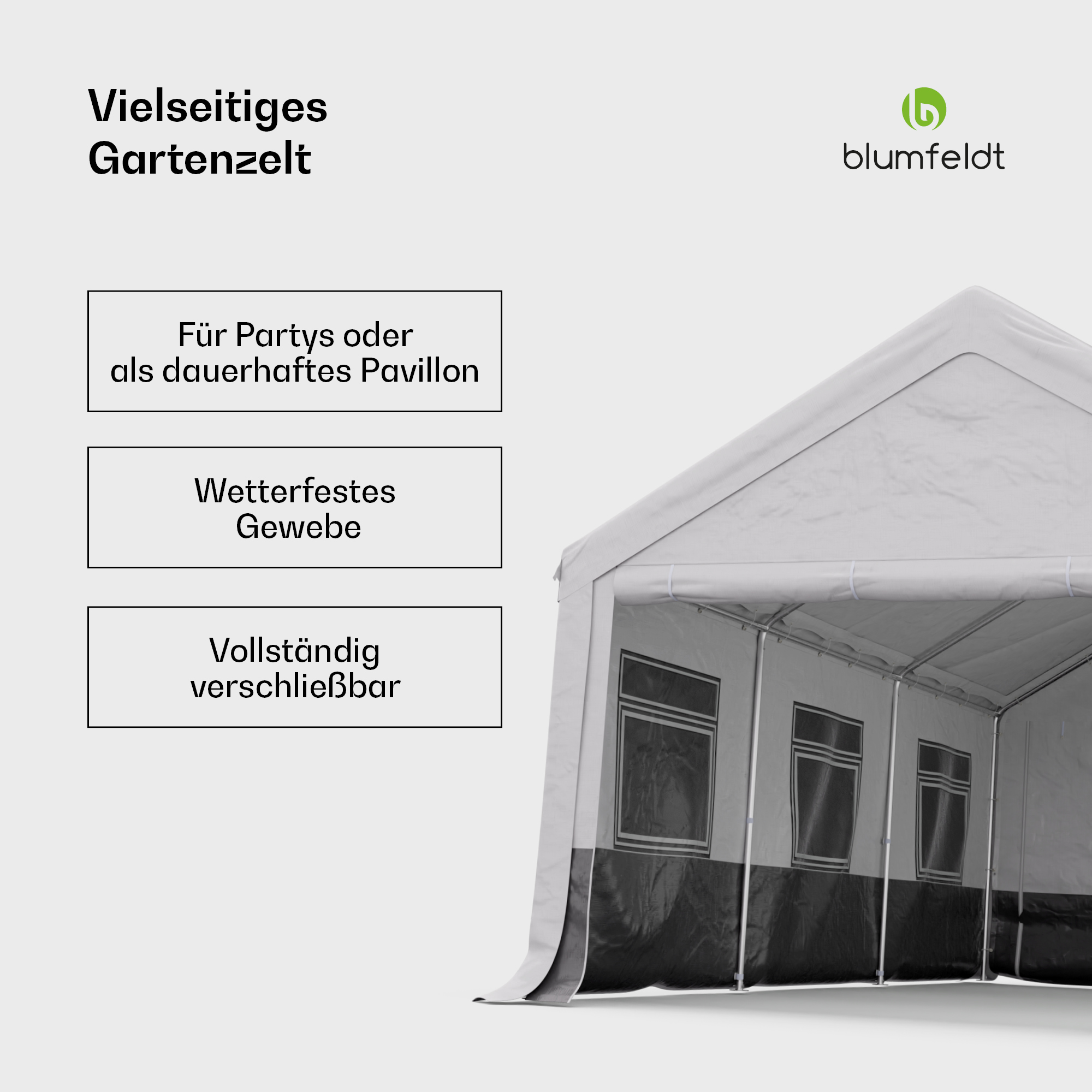 Ein weißes Zelt mit grauen Verzierungen hat Fenster. Der Text sagt vielseitiges Gartenzelt, für Partys oder Pavillon.