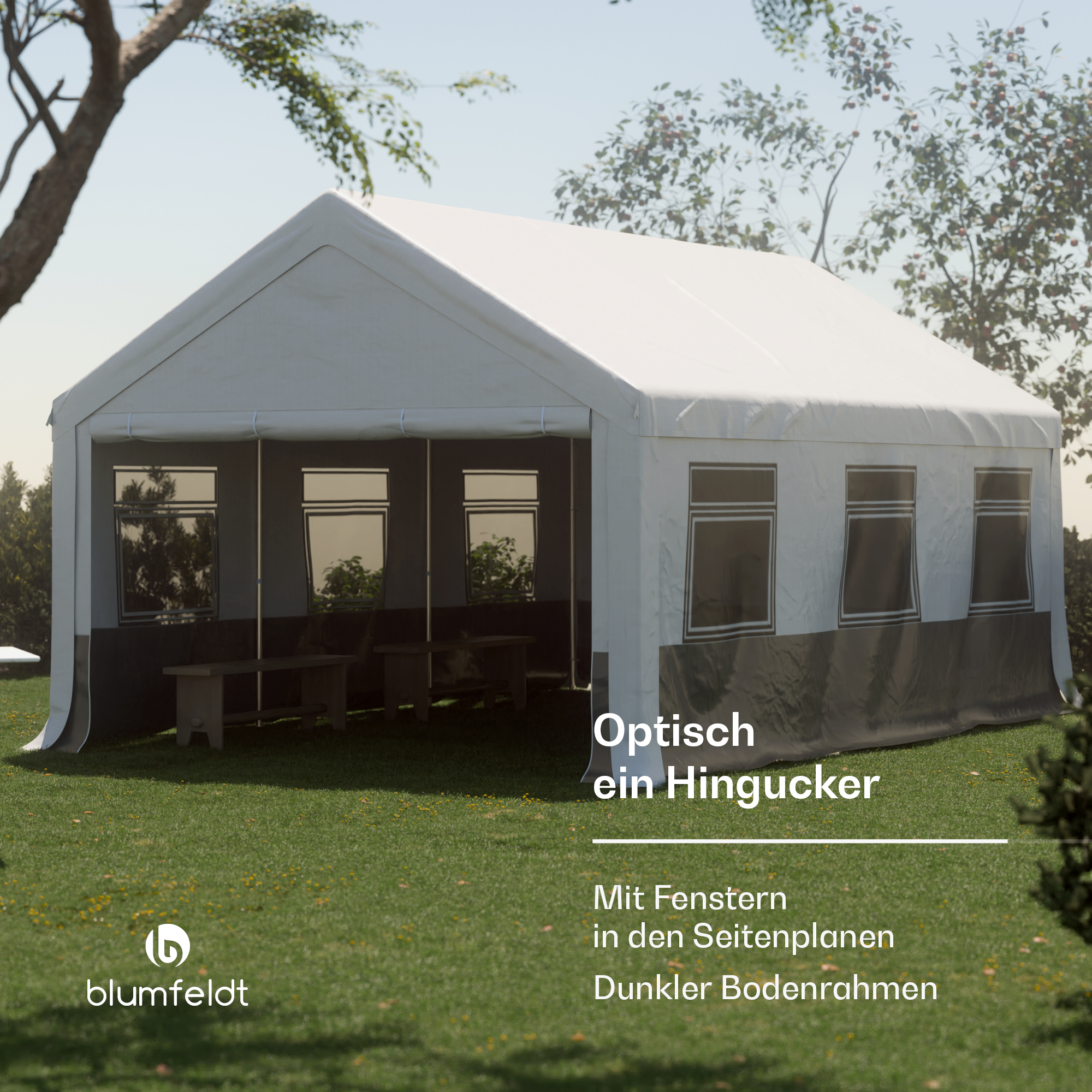 Ein weißes Zelt mit grauen Verzierungen steht auf grünem Gras. Der Text sagt Hingucker, mit Fenstern und dunklem Rahmen.