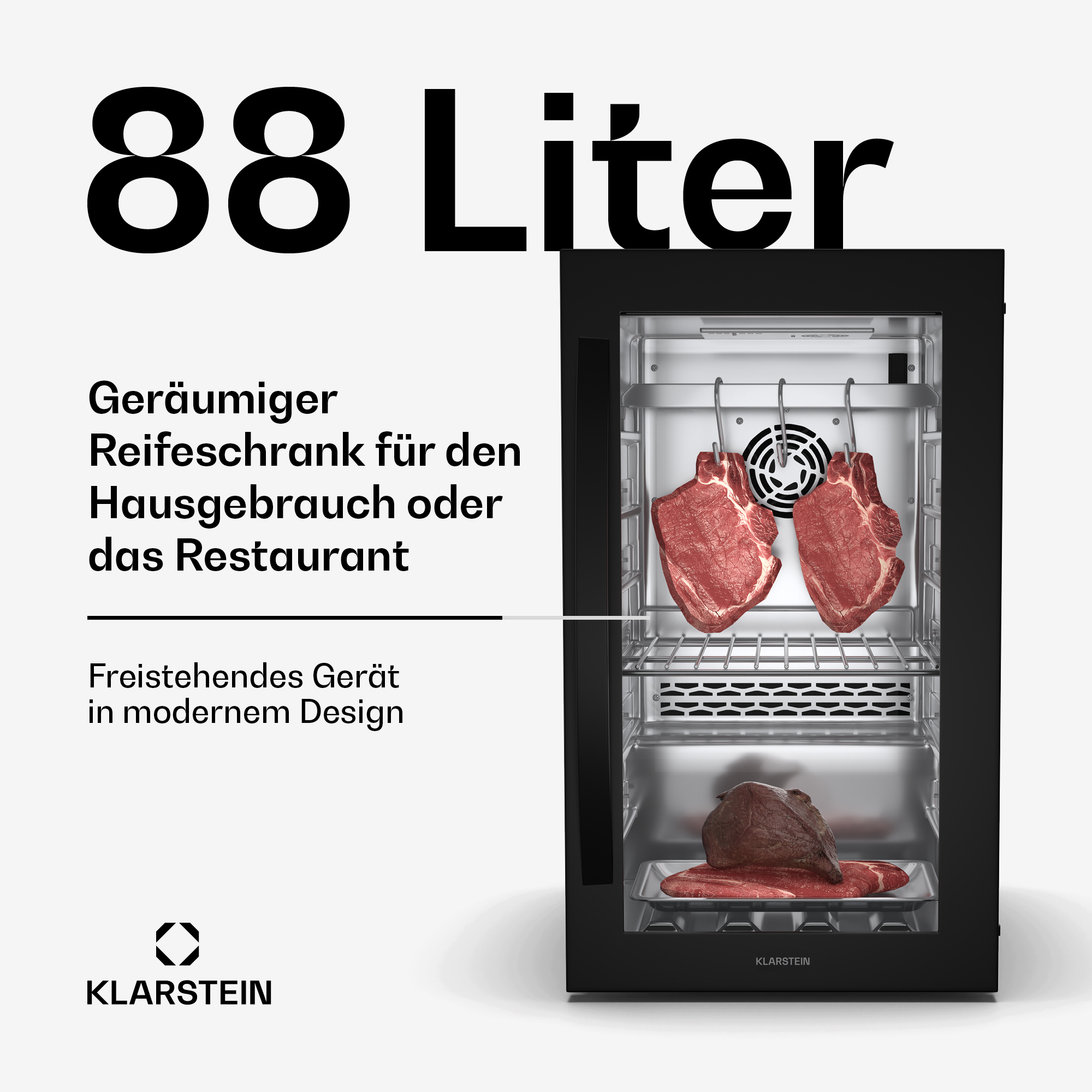 Das Bild zeigt einen 88-Liter-Fleischreifeschrank mit Fleisch im Inneren, der für den Heim- oder Restaurantgebrauch bestimmt ist.