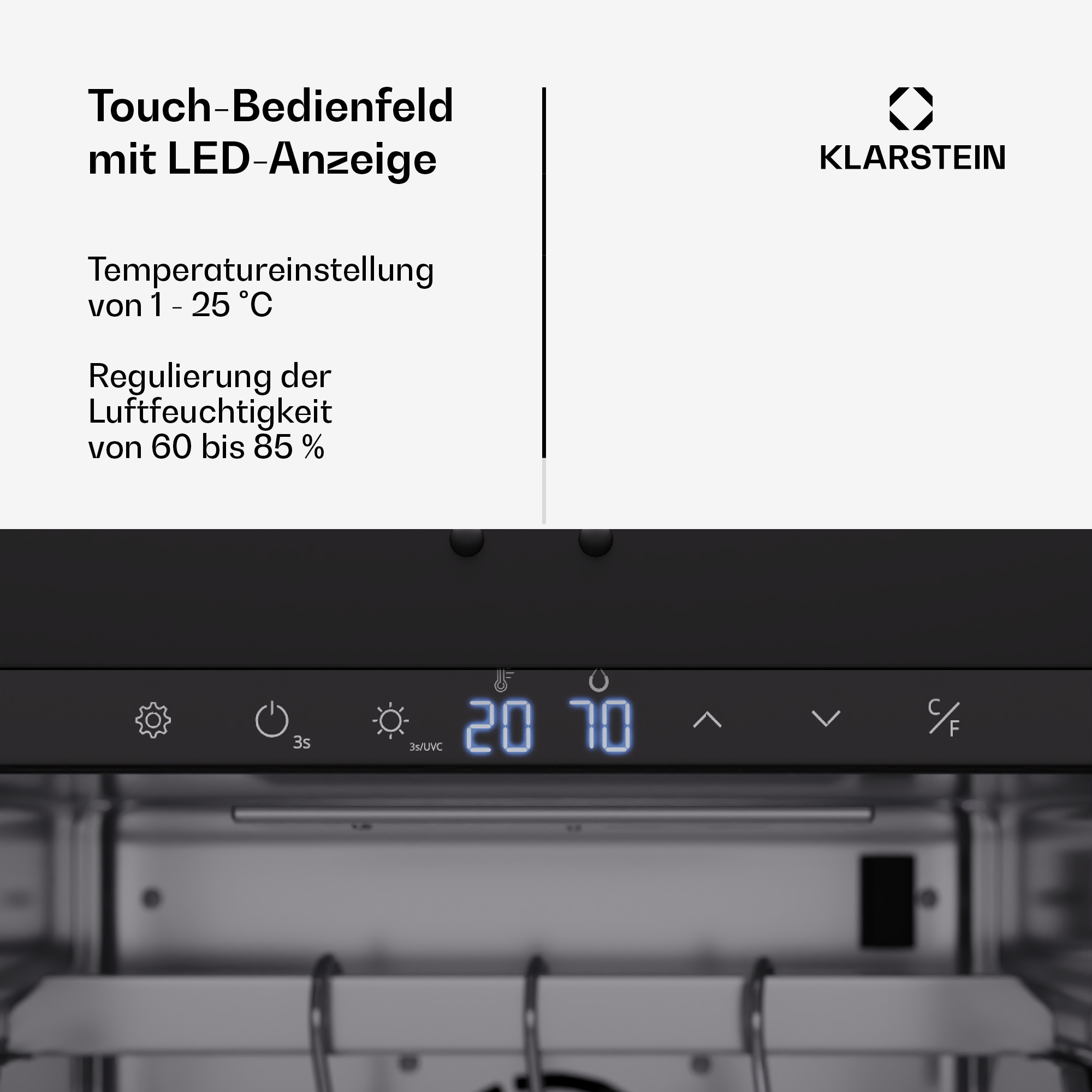 Das Bild zeigt eine digitale Anzeige mit den Zahlen 20 und 70 sowie Symbole für Einstellungen und Temperatur.
