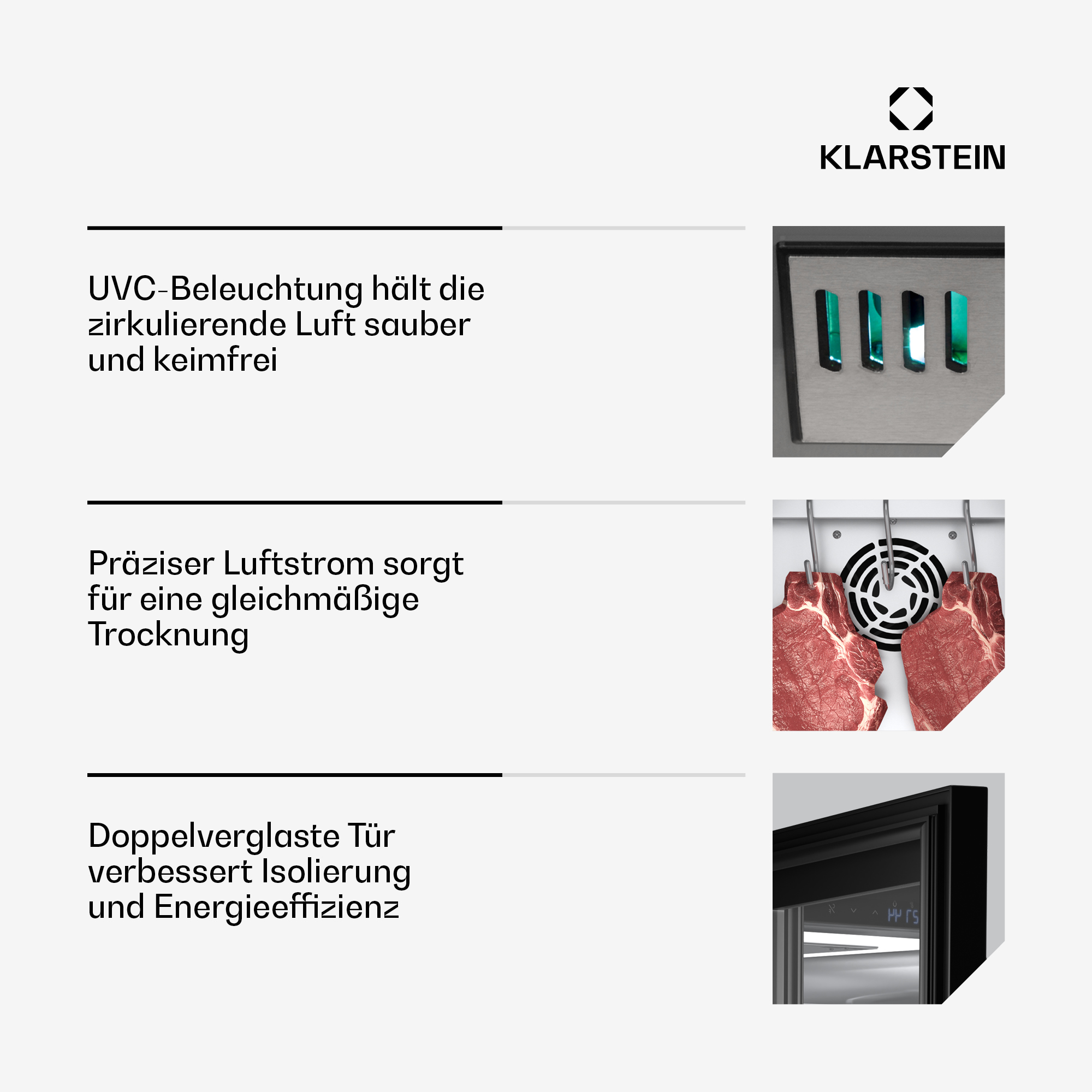 Das Bild zeigt einen Fleischreifeschrank mit UVC-Beleuchtung, präzisem Luftstrom und einer doppelverglasten Tür.