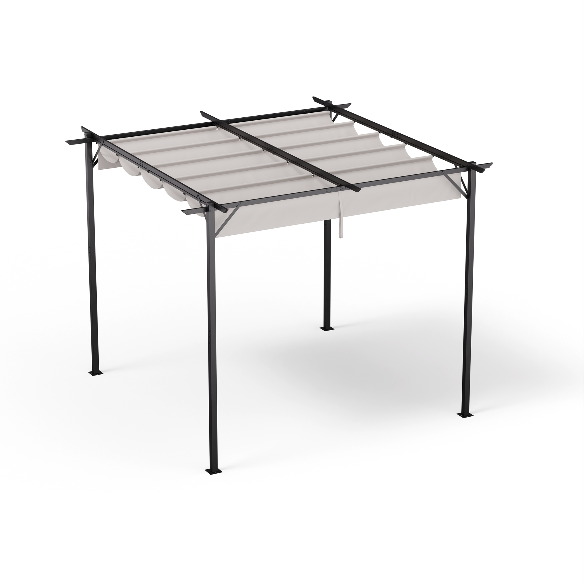 Das Bild zeigt eine Pergola mit einem einziehbaren Verdeck, mit schwarzem Metallrahmen und hellem Stoff.