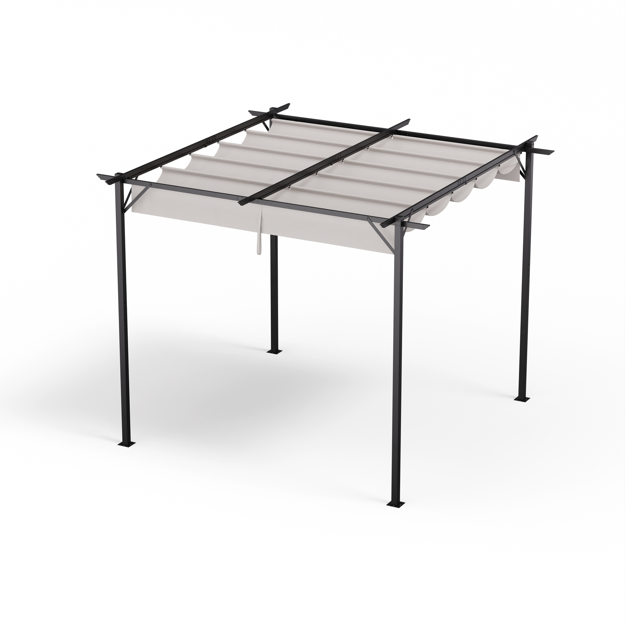 Eine schwarze Metallpergola mit einem hellgrauen einziehbaren Verdeck, schräge Ansicht, vor einem weißen Hintergrund.