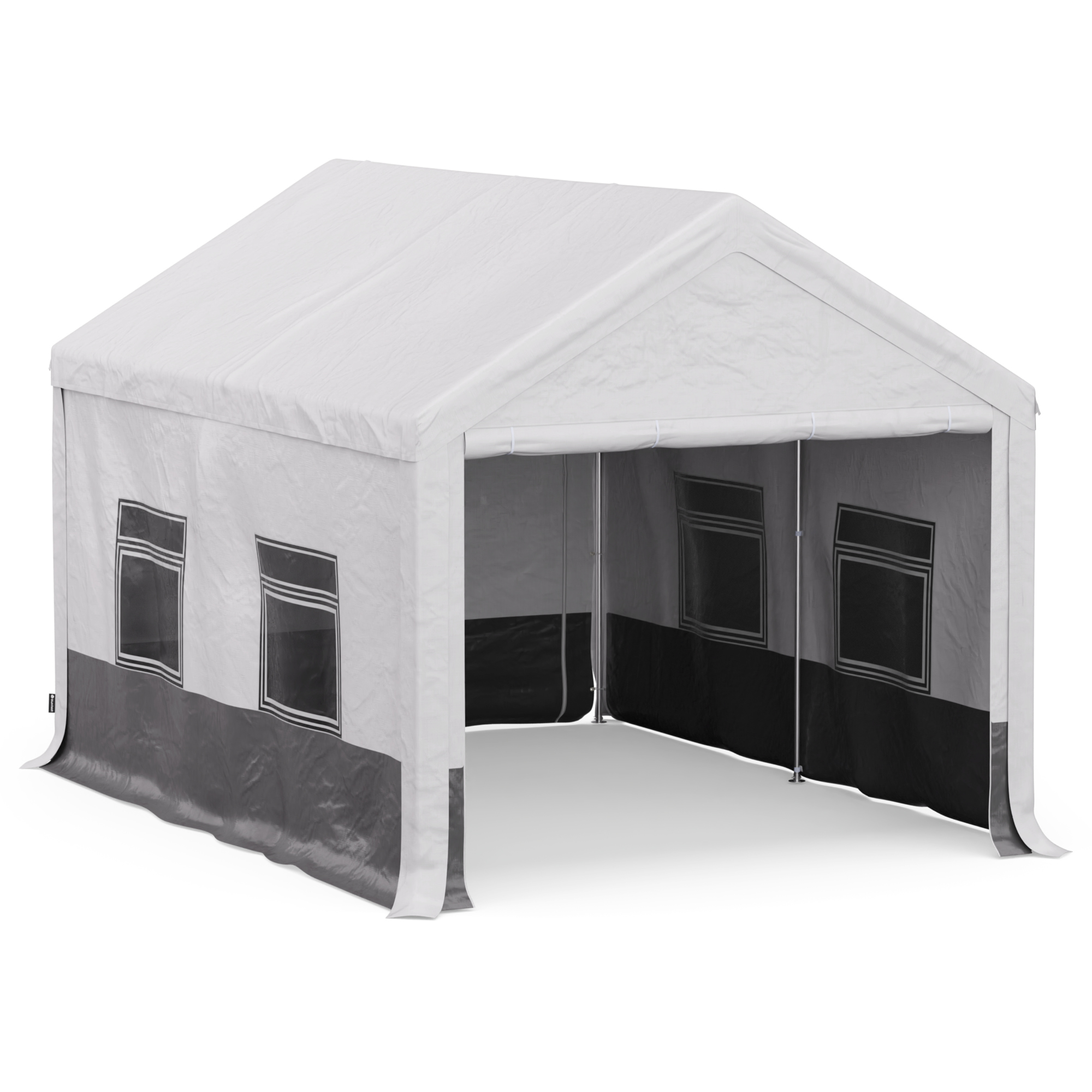 Struttura tenda bianca e grigia. Forma rettangolare con fronte aperto. Finestre e porte visibili.