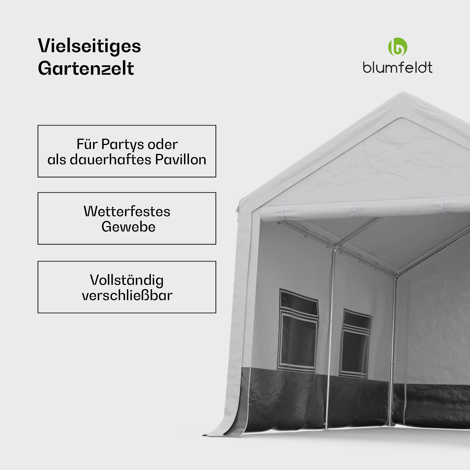 Tenda bianca con finiture nere, finestre e testo. Il logo Blumfeldt è in alto a destra.