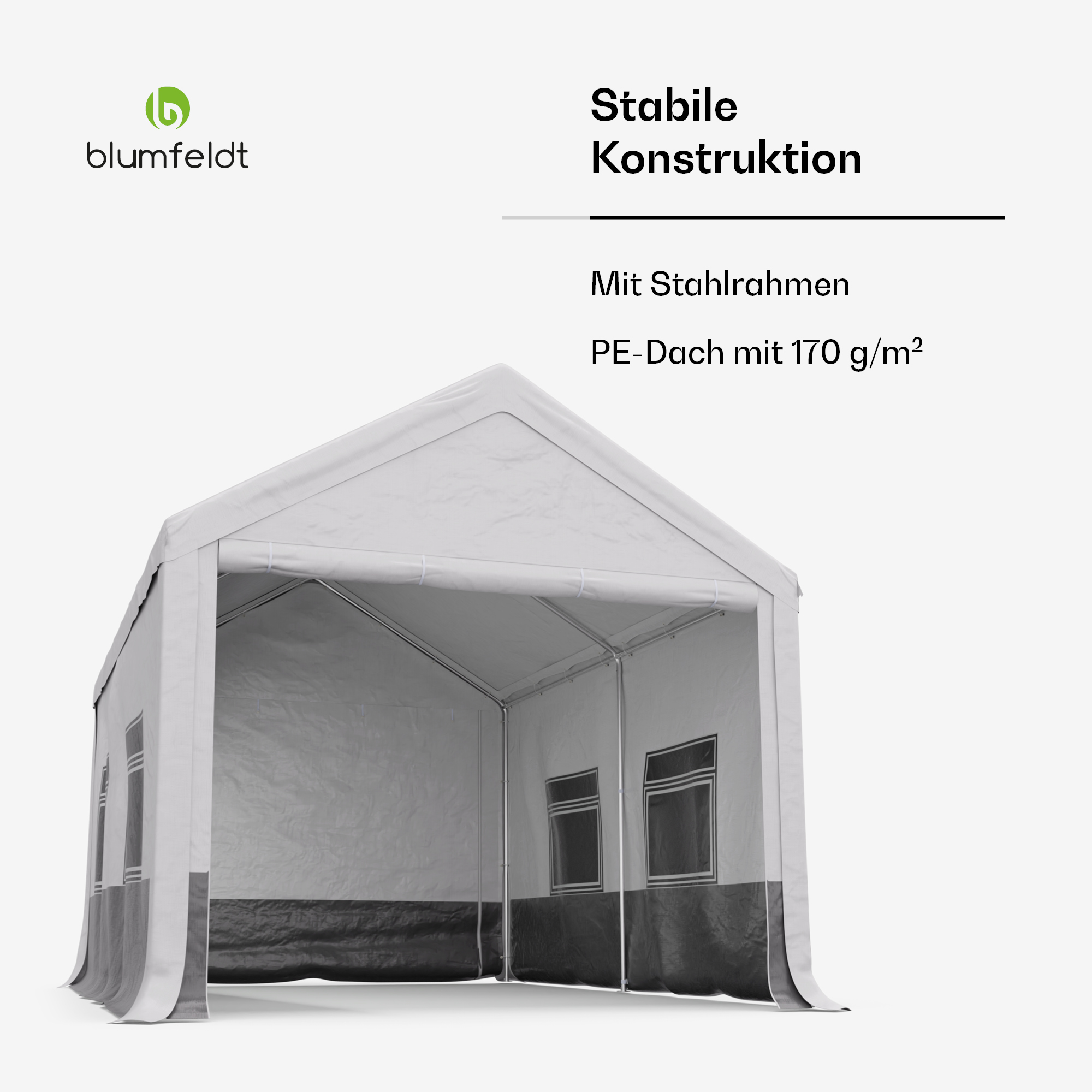 Tenda bianca con finiture nere, finestre e testo. Il logo Blumfeldt è in alto a destra.