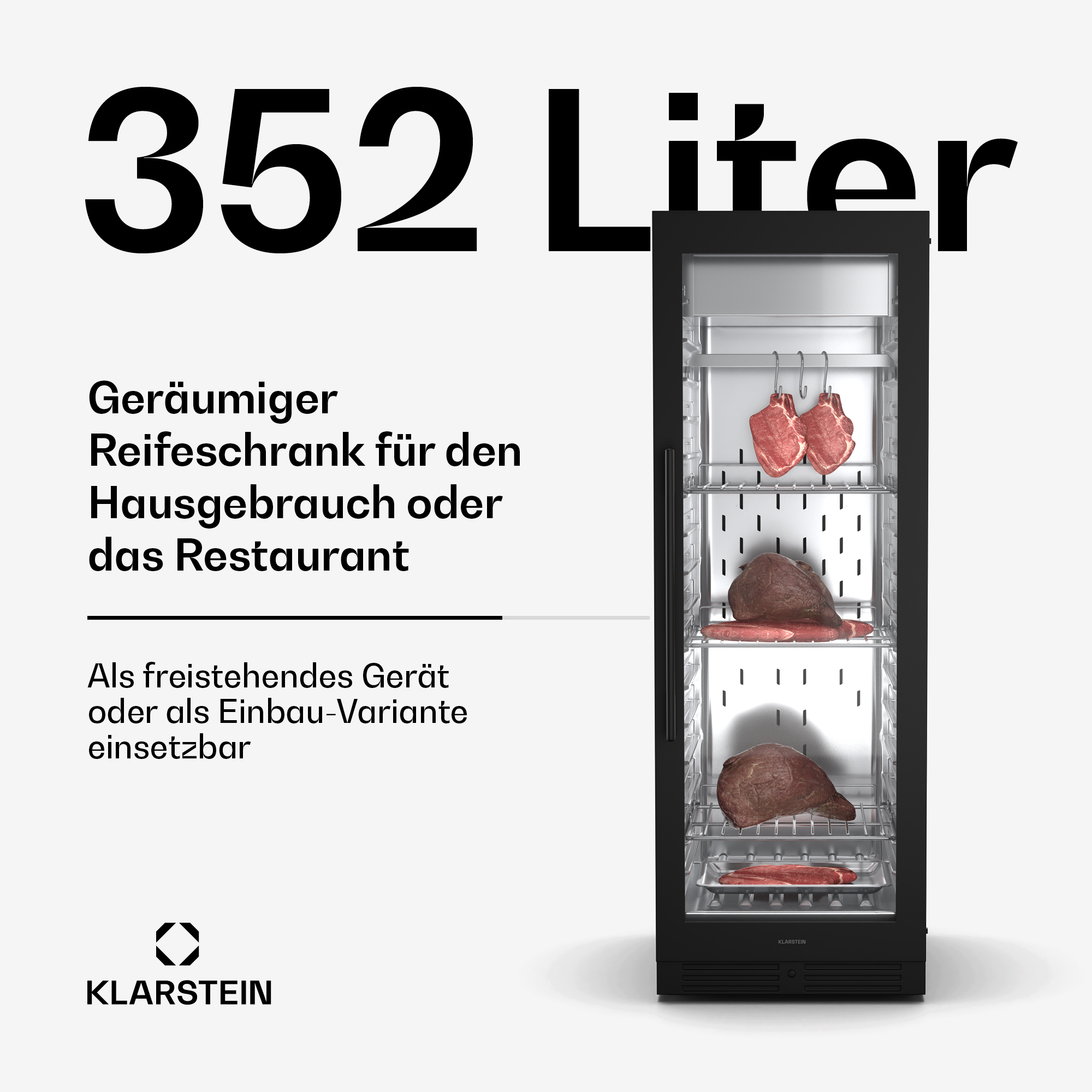 Ein schwarzer Weinkühler mit Text: 352 Liter. Innen hängen Fleischstücke. Klastein-Logo.