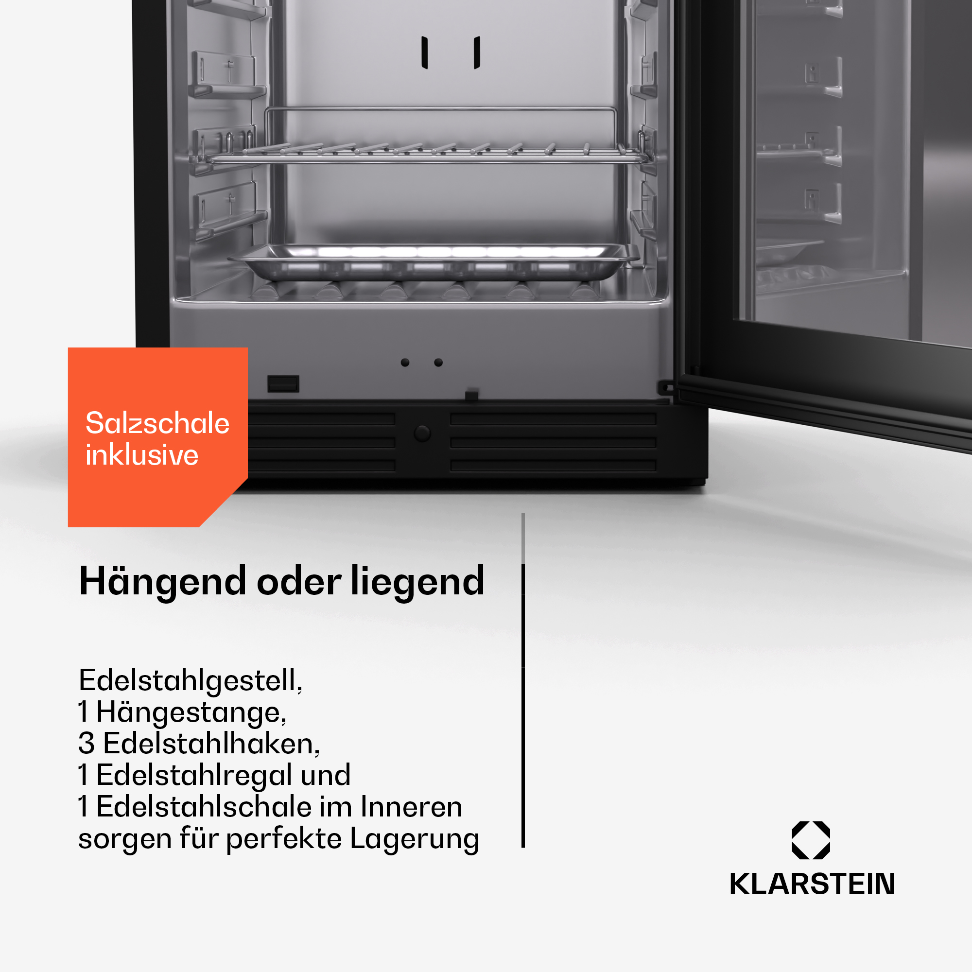 Nahaufnahme des Inneren eines schwarzen Weinkühlers mit Regalen und einem Tablett.