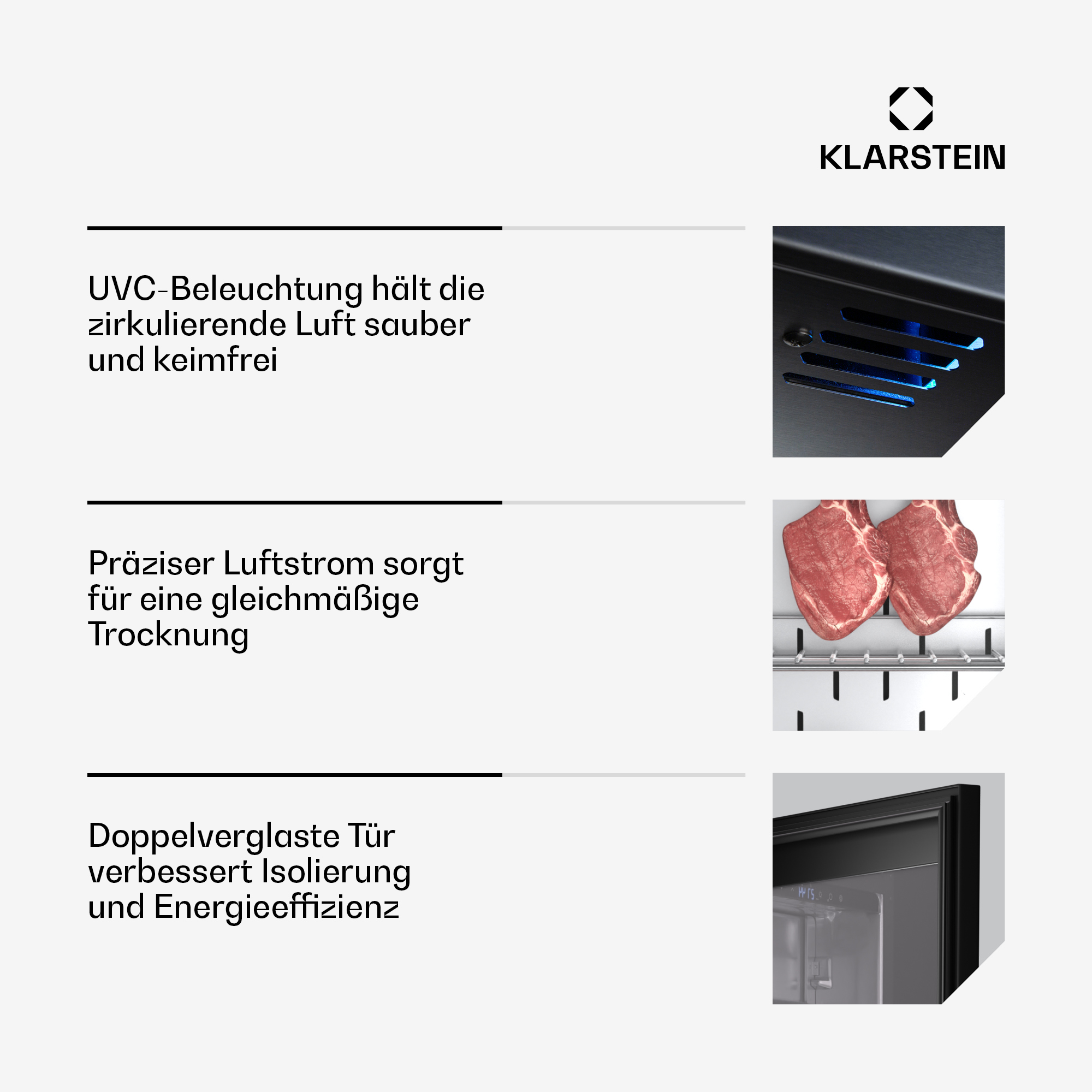 Bilder, die UVC-Beleuchtung, präzisen Luftstrom und eine doppelverglaste Tür zeigen.