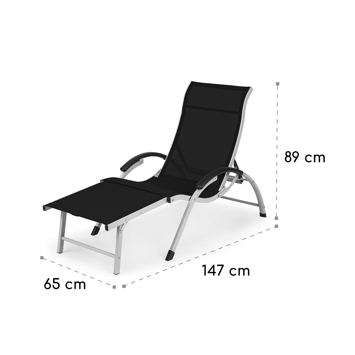 Schwarzer und silberner Liegestuhl. Maße: 147cm lang, 65cm breit und 89cm hoch.